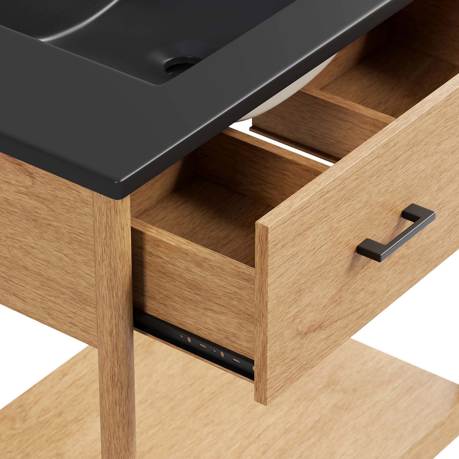 Divided drawer with smooth glides keeps bath essentials organized beneath the sink || EEI-6663-NAT-BLK || storage_open_studio
