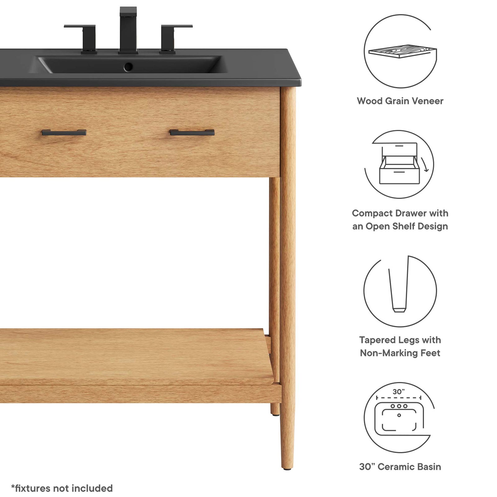 Key features: wood grain veneer, compact drawer, tapered legs, and integrated ceramic basin || EEI-6663-NAT-BLK || callout_studio