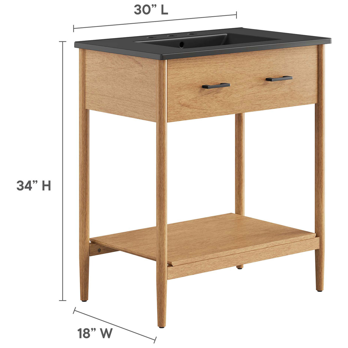 30 inch vanity dimensions for height, width, and depth with integrated basin || EEI-6663-NAT-BLK || dimension_studio