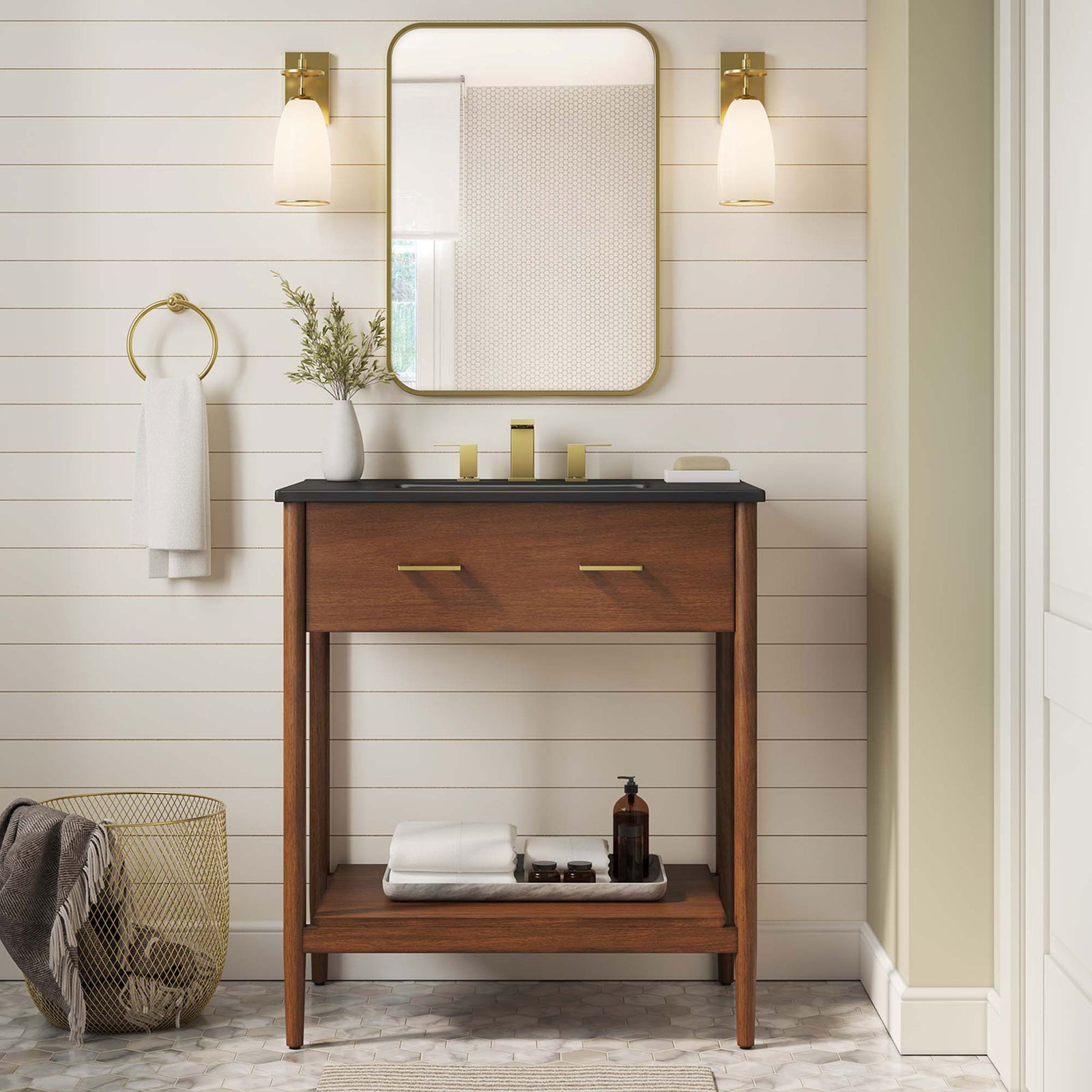 Mid-century vanity adds warmth with walnut tones and a sleek black ceramic basin || EEI-6663-WAL-BLK || front_room