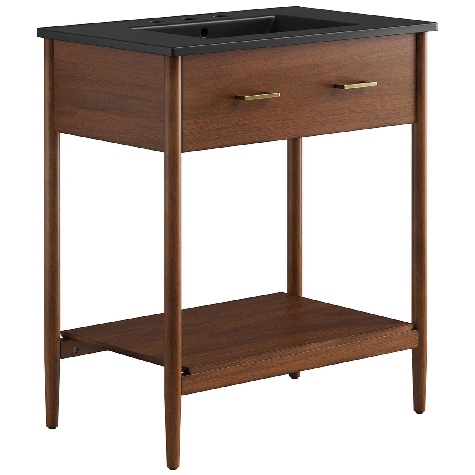 Walnut vanity with black ceramic basin, brass pulls, and an open shelf on tapered legs || EEI-6663-WAL-BLK || front_angle_studio