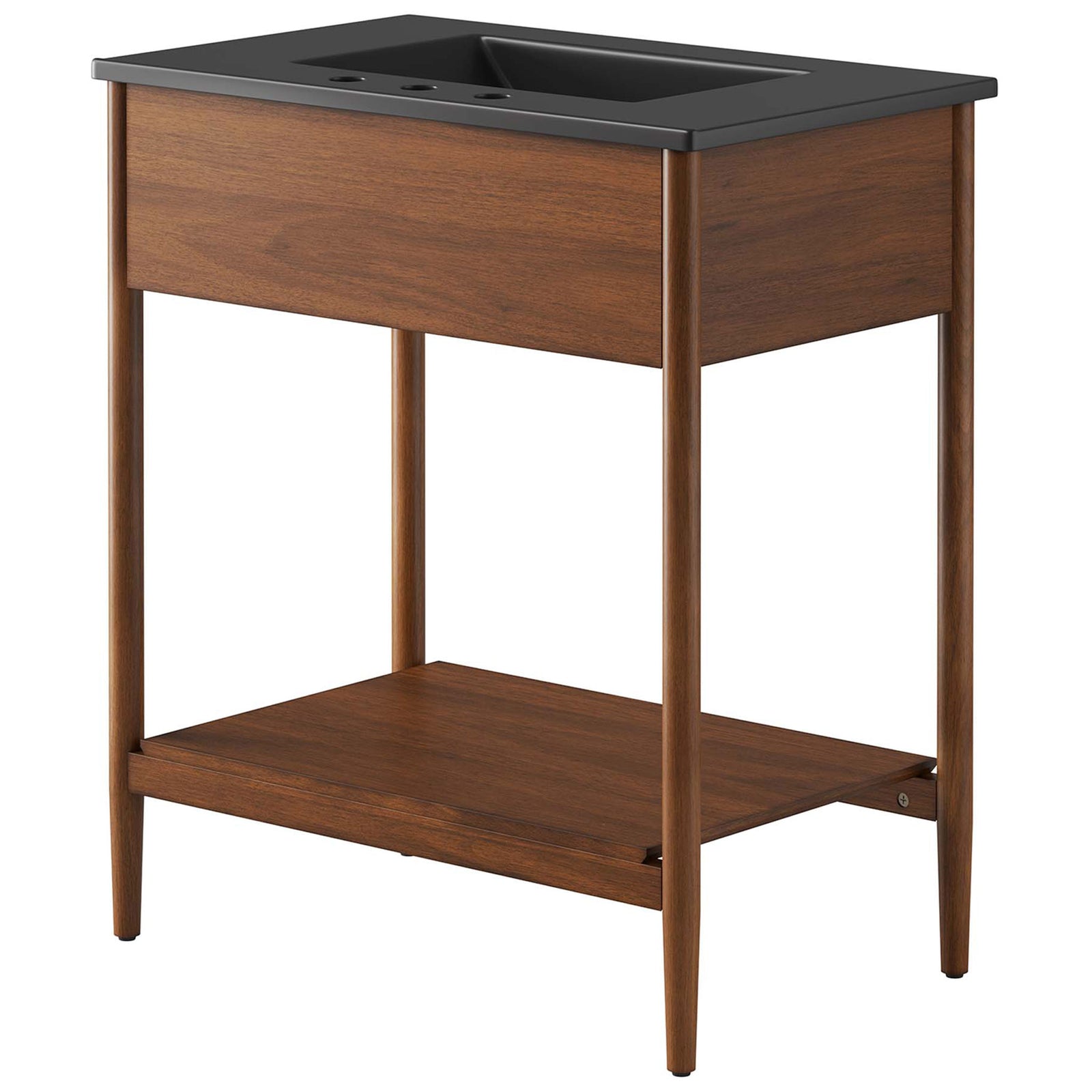 Smooth walnut panels and a generous lower shelf define the minimalist silhouette || EEI-6663-WAL-BLK || back_angle_studio