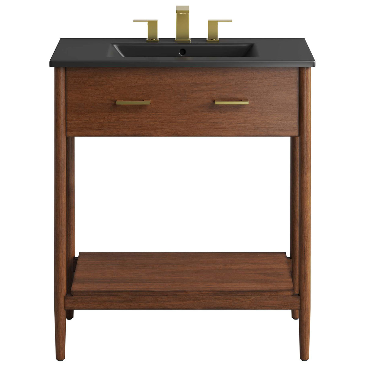 Sleek black countertop with integrated ceramic basin complements the walnut cabinet and brass pulls || EEI-6663-WAL-BLK || front_studio