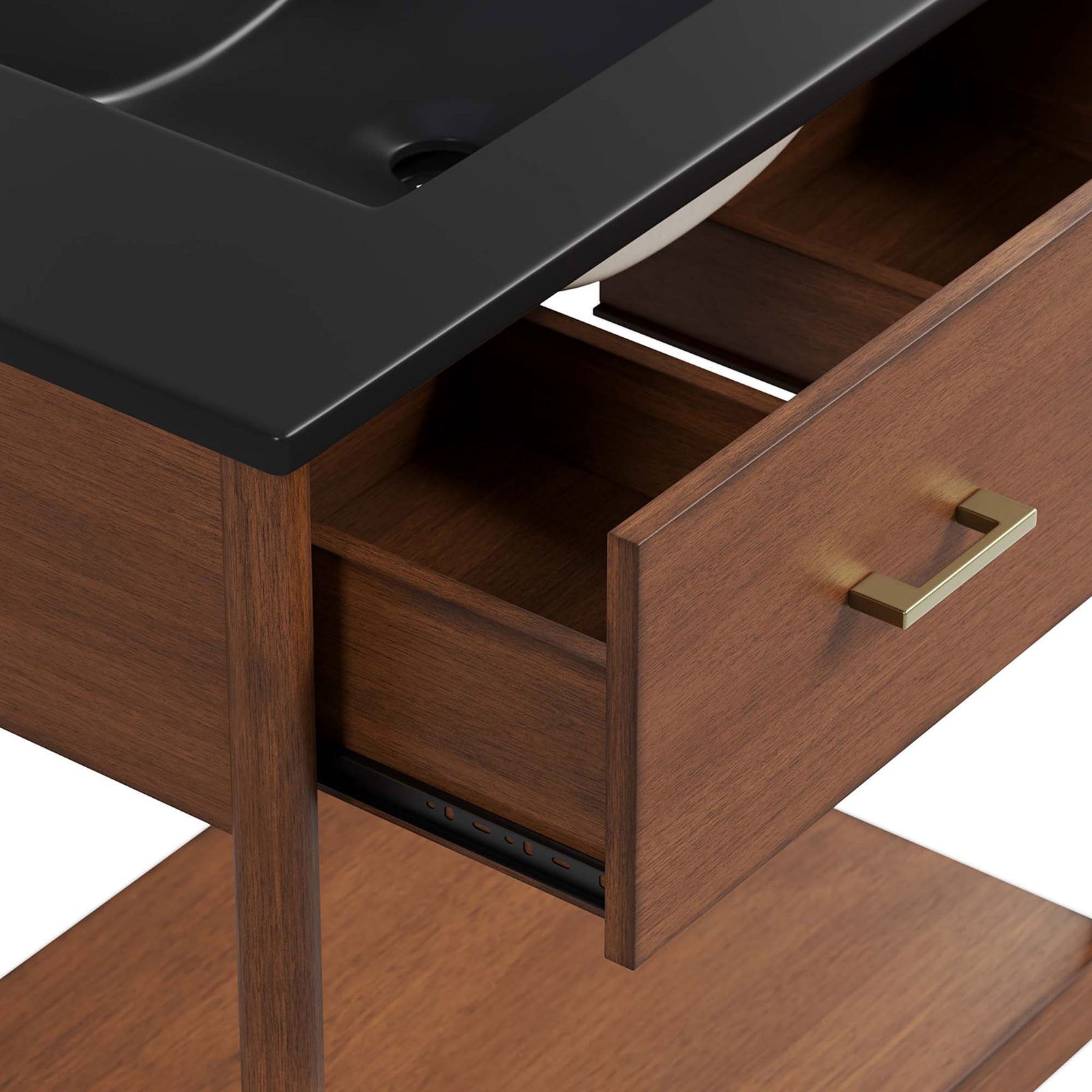 Divided drawer with smooth-glide hardware sits beneath the black ceramic basin || EEI-6663-WAL-BLK || storage_open_studio