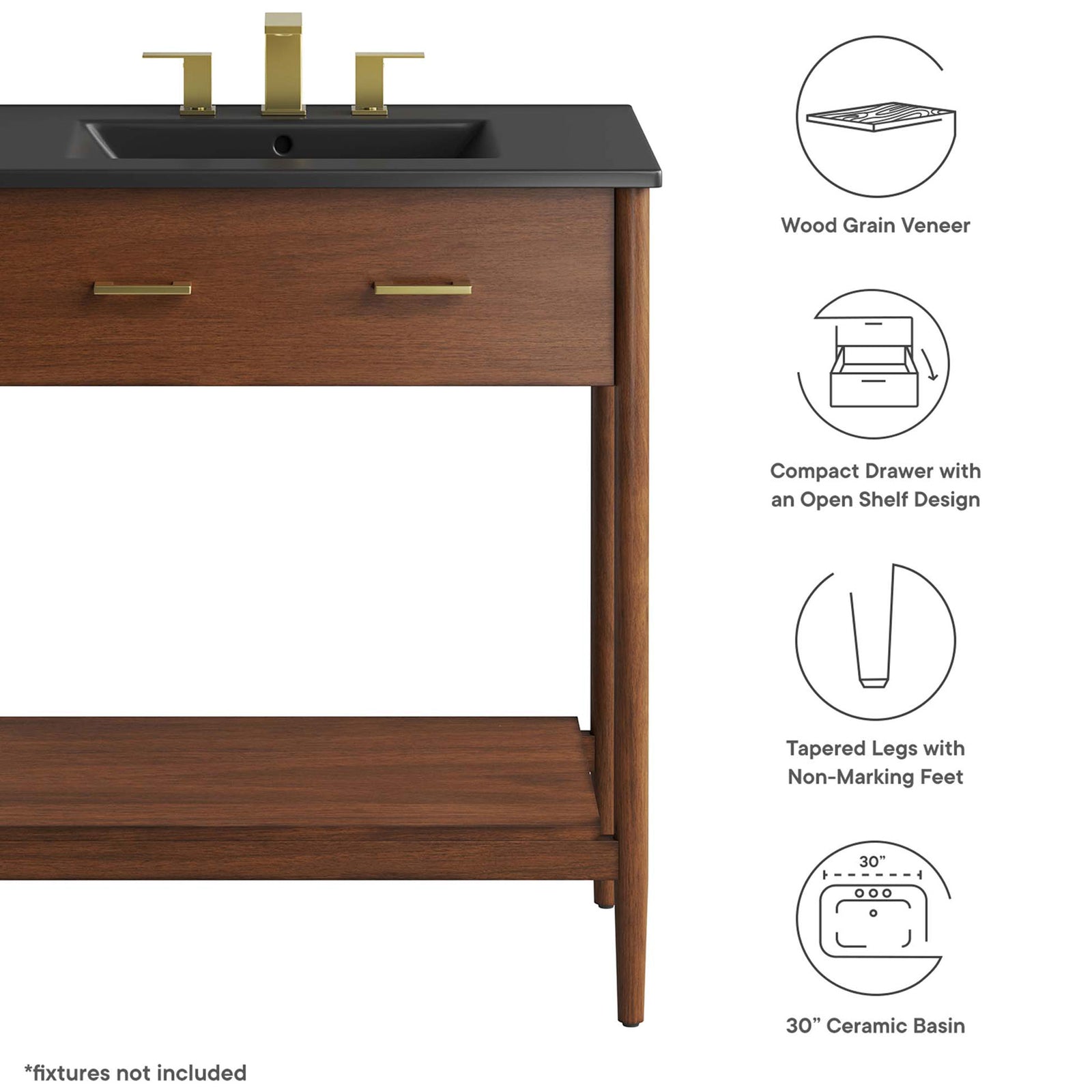 Key features include wood grain veneer, compact drawer, tapered legs, and a ceramic basin || EEI-6663-WAL-BLK || callout_studio