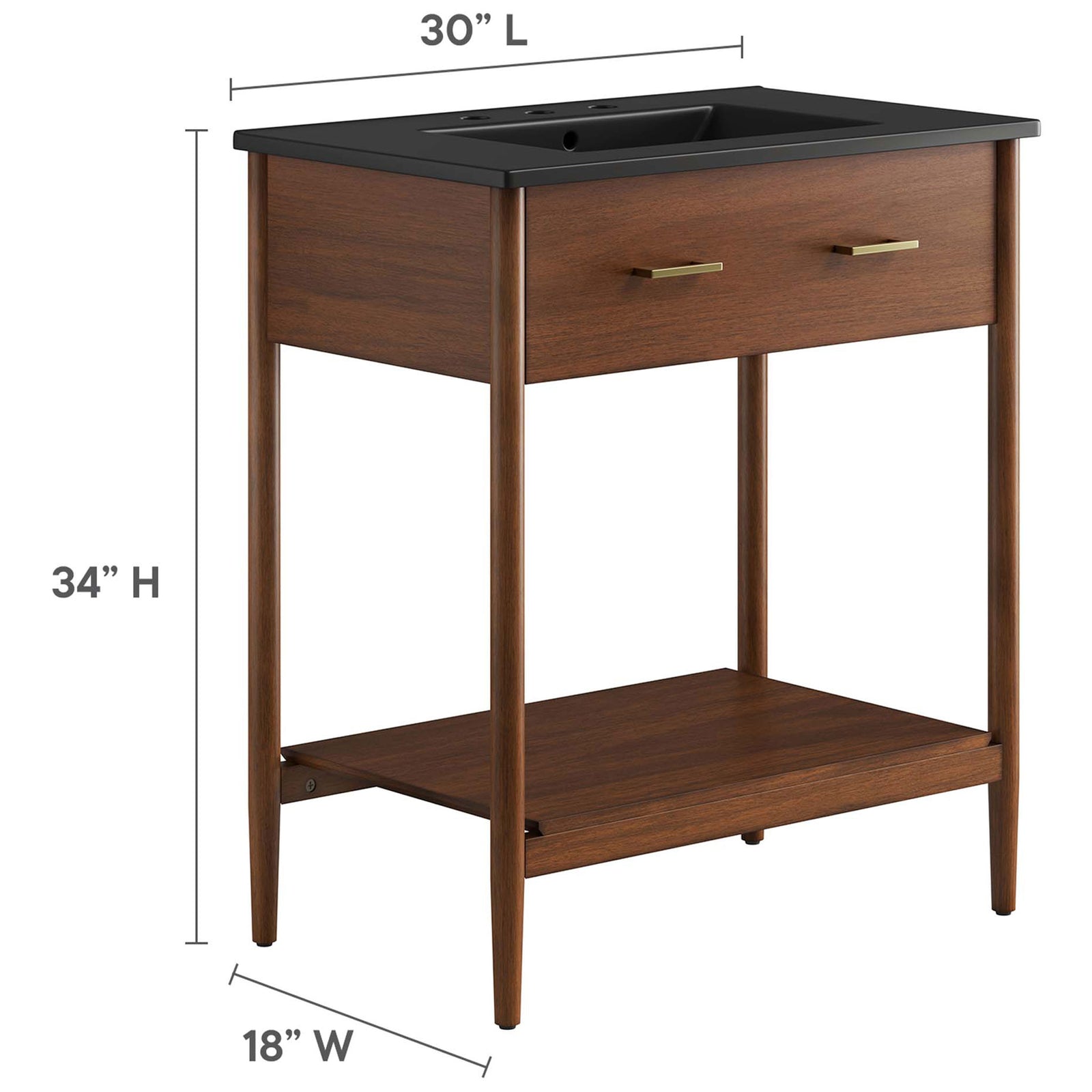 Sized at 30 in. W x 18 in. D x 34 in. H to fit compact bathroom spaces || EEI-6663-WAL-BLK || dimension_studio