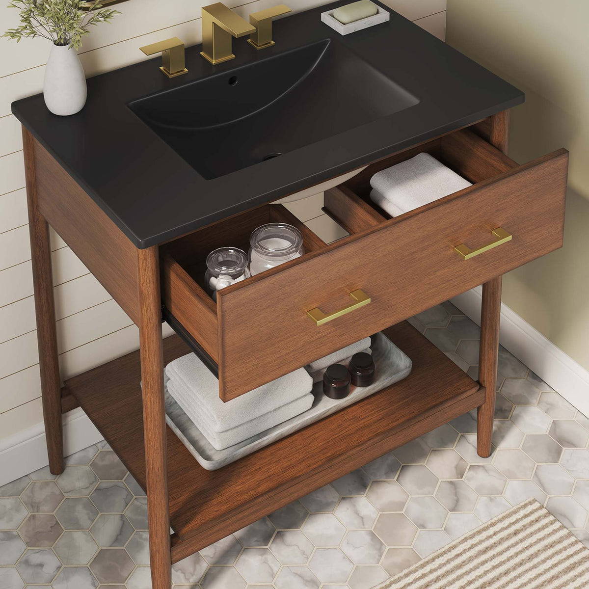 Open drawer reveals organized storage while the open shelf adds easy-access space || EEI-6663-WAL-BLK || top_angle_open_room