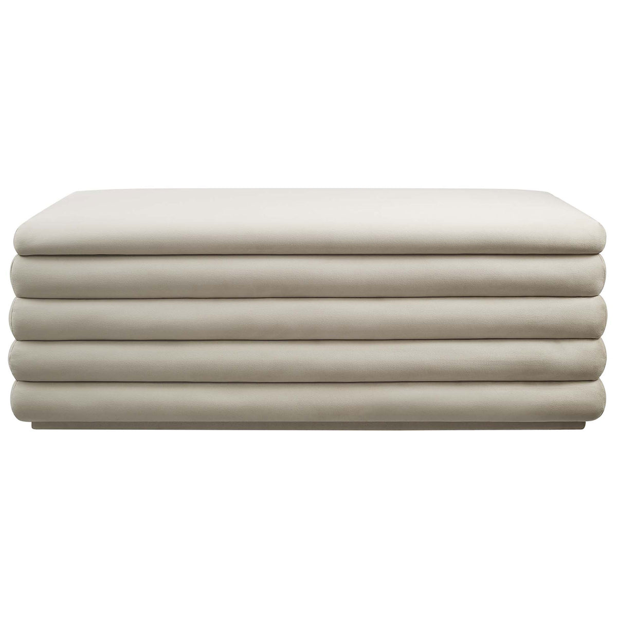 Plush channel-tufted bench in almond performance velvet with smooth, rounded silhouette. || EEI-6664-ALM || front_studio