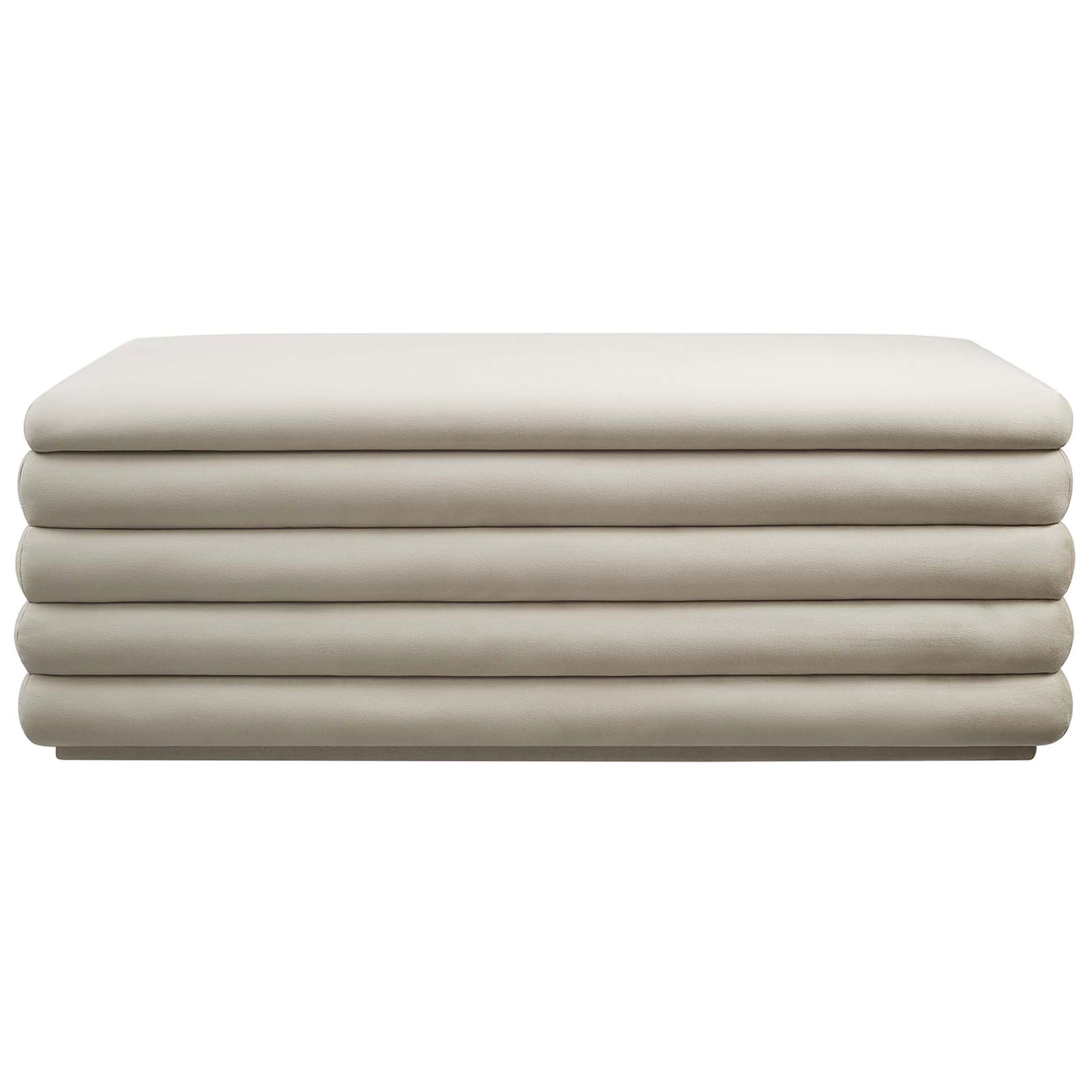 Plush channel-tufted bench in almond performance velvet with smooth, rounded silhouette. || EEI-6664-ALM || front_studio