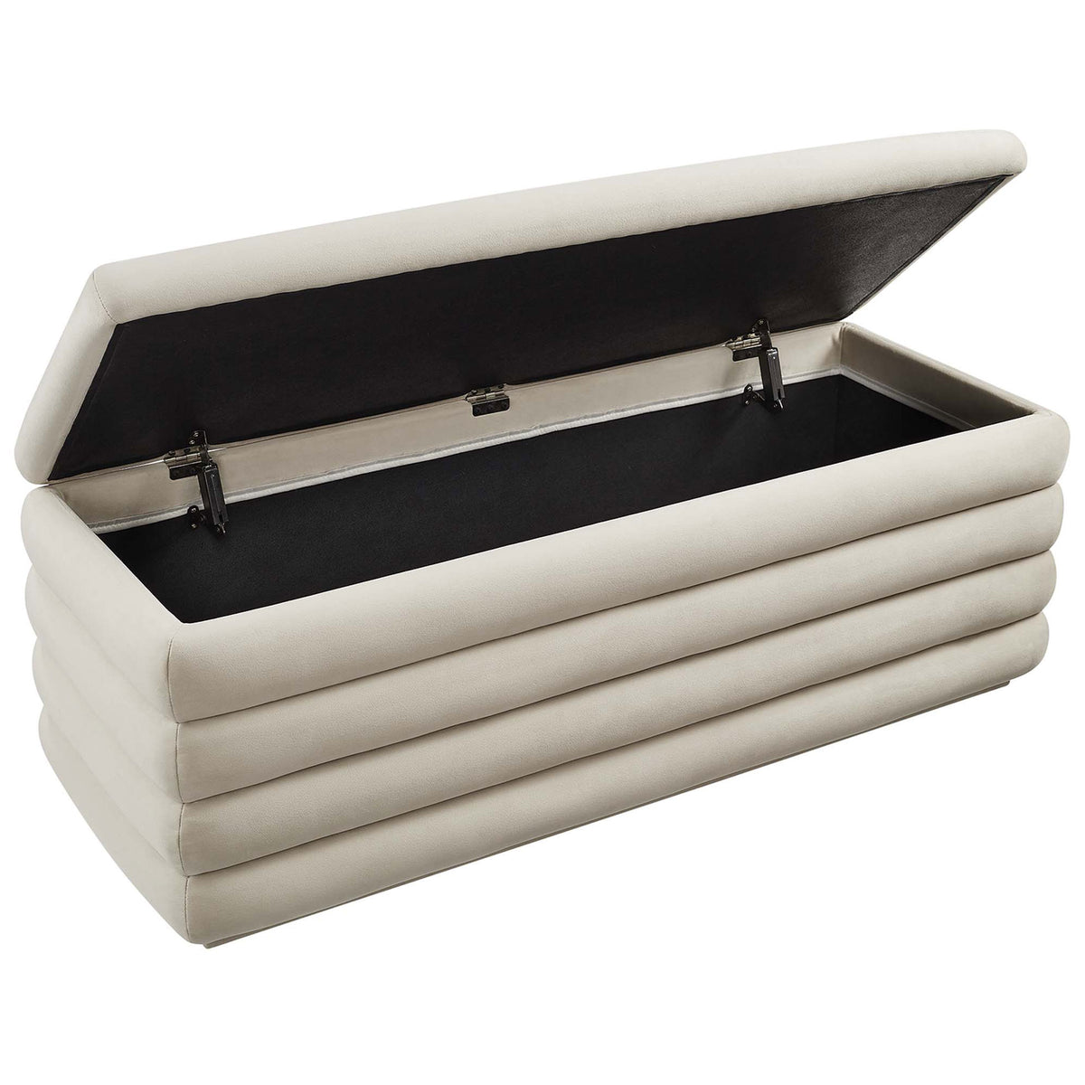 Stay-open lid reveals a spacious, fabric-lined compartment for blankets and more. || EEI-6664-ALM || front_angle_open_studio