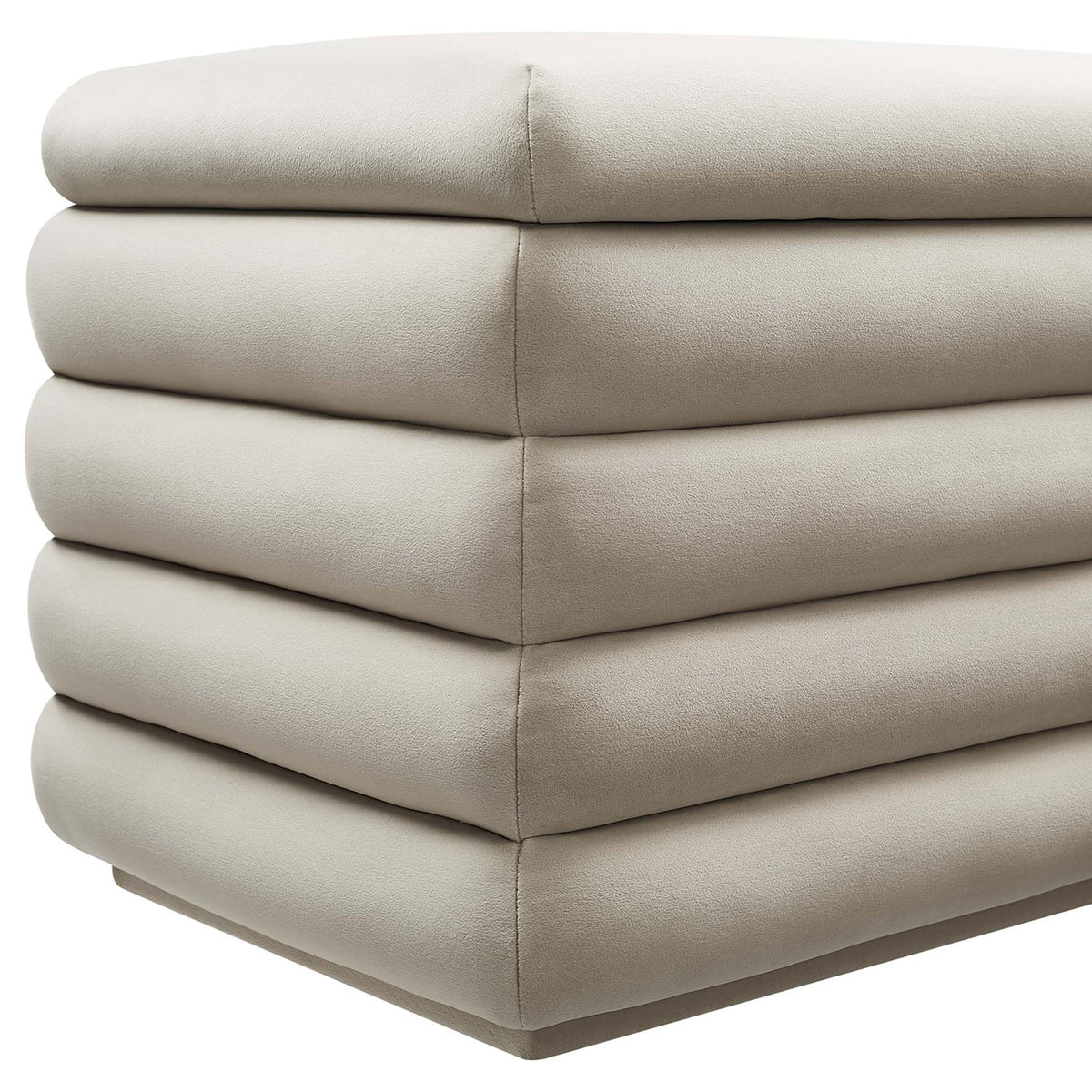 Close-up of plush channel tufting and tailored corner in smooth performance velvet. || EEI-6664-ALM || corner_studio