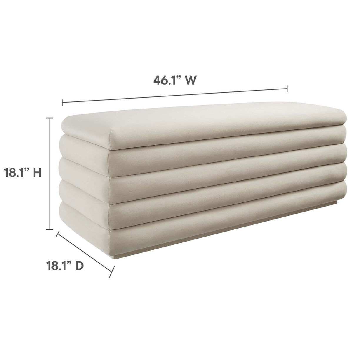 Streamlined bench sized at 46.1 inches wide to fit entryways, living rooms, or bedroom ends. || EEI-6664-ALM || dimension_studio