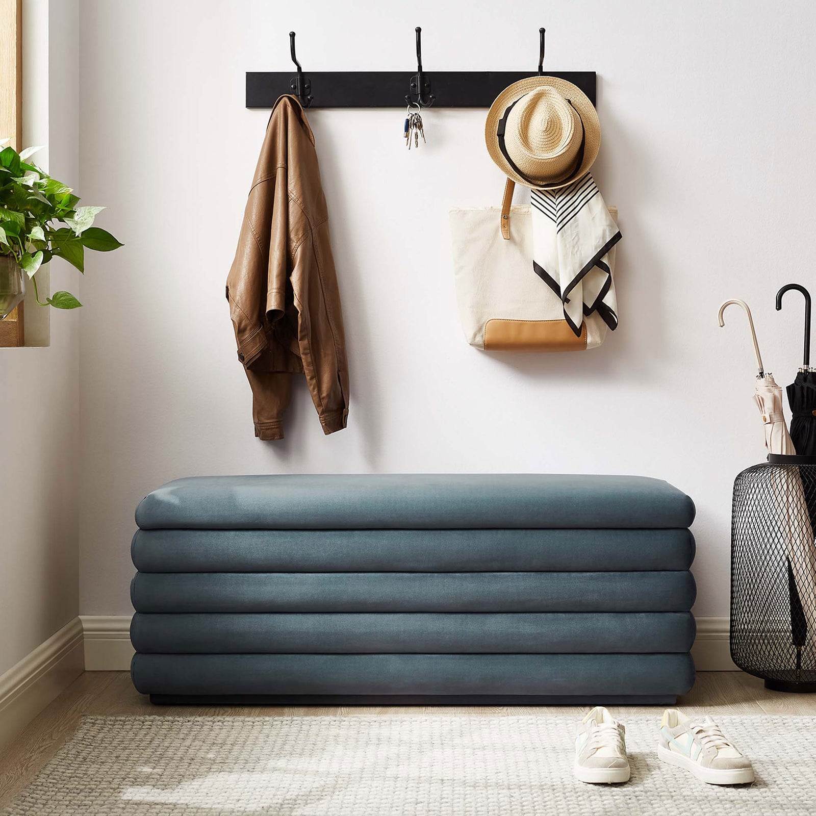 Versatile storage bench brings plush texture and modern polish to everyday spaces. || EEI-6664-CAB || front_room