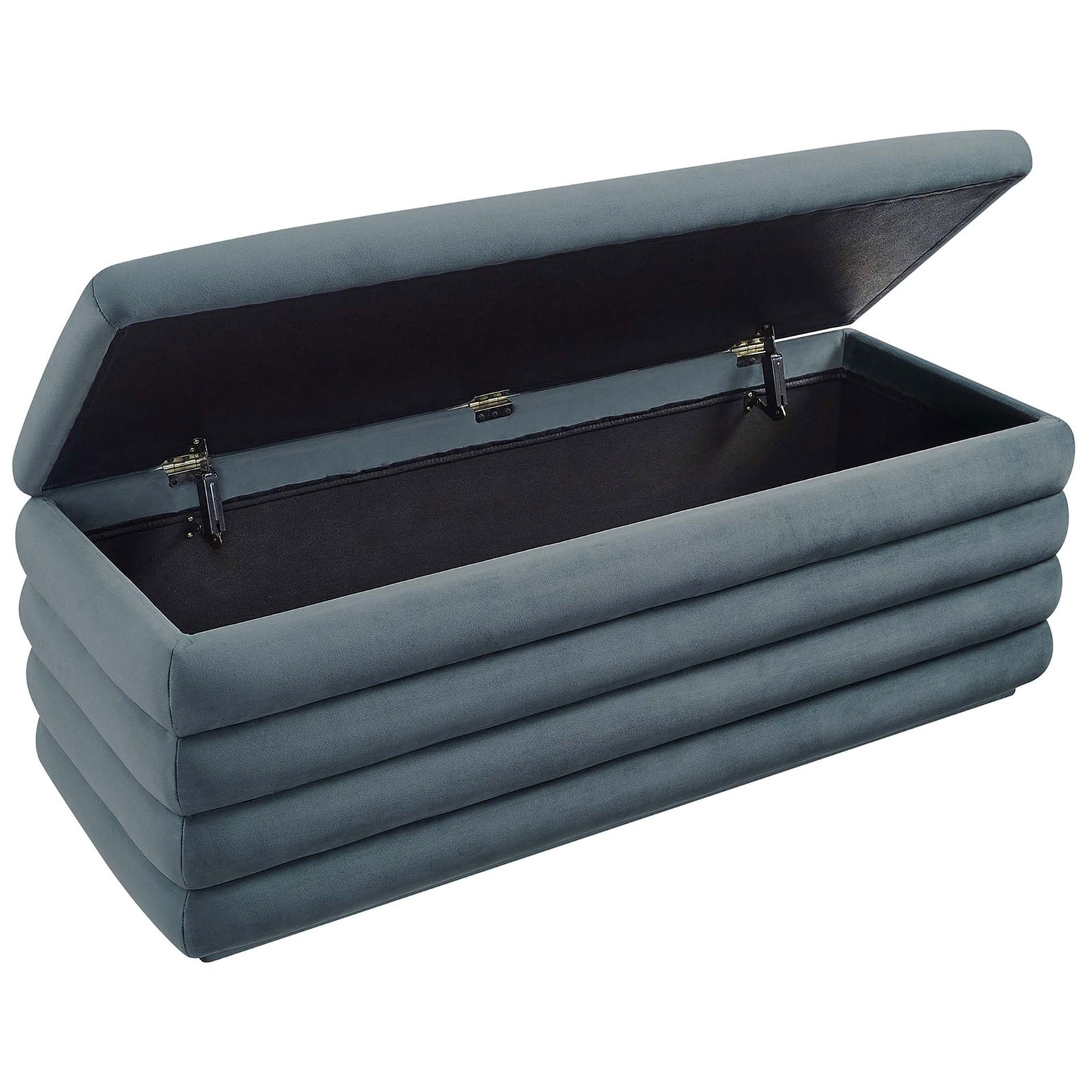 Lift-top bench reveals spacious storage with stay-open hinges and a neatly finished interior. || EEI-6664-CAB || front_angle_open_studio