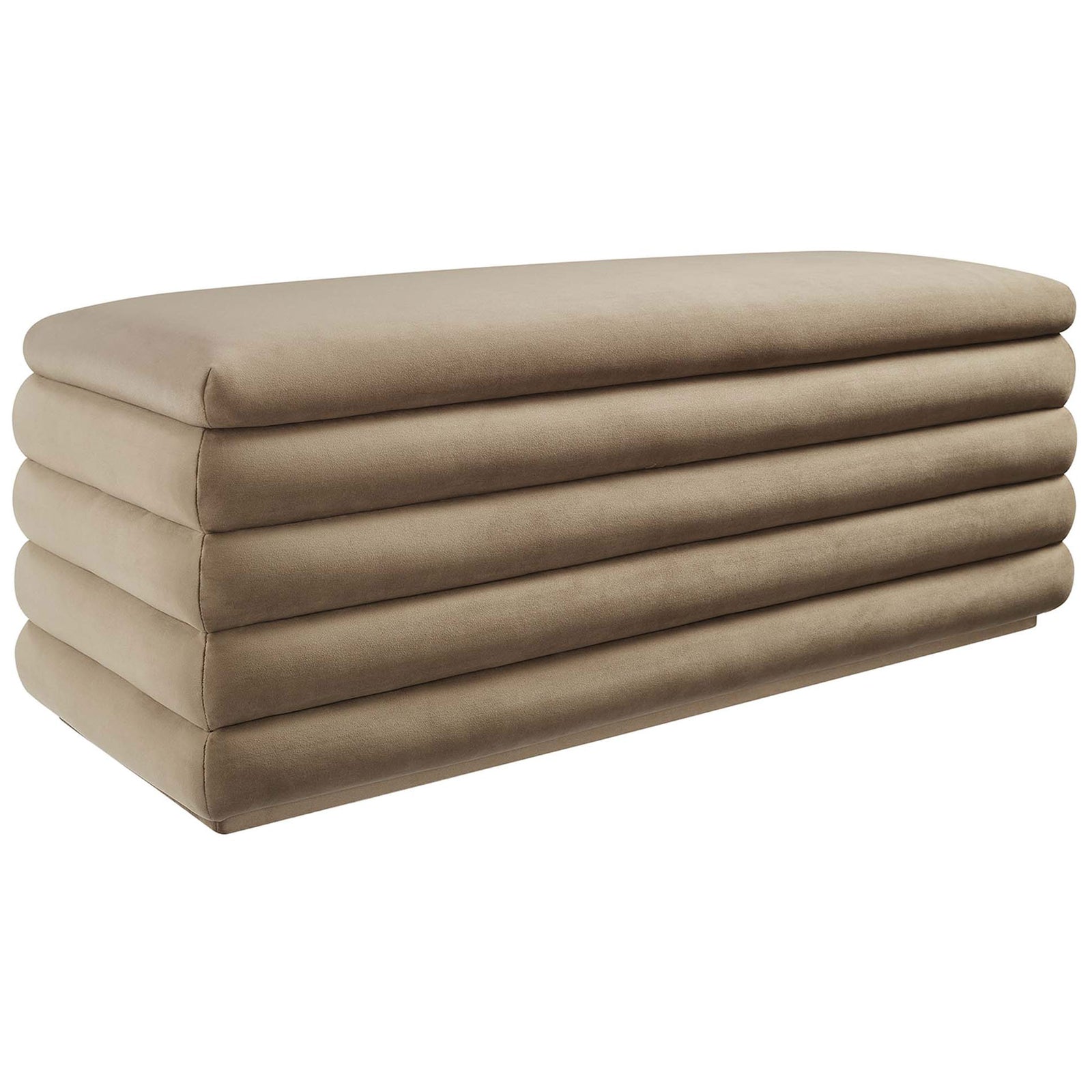 Taupe performance velvet bench with plush channel tufting and smooth, rounded edges. || EEI-6664-TAU || front_angle_studio