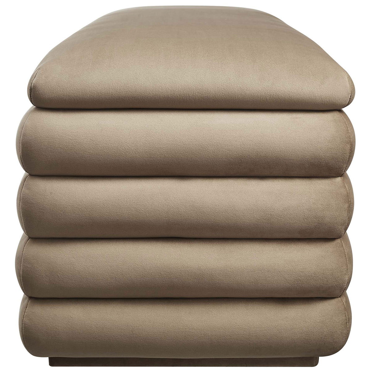 Sleek taupe bench profile showcasing layered channel tufting and soft velvet texture. || EEI-6664-TAU || side_studio