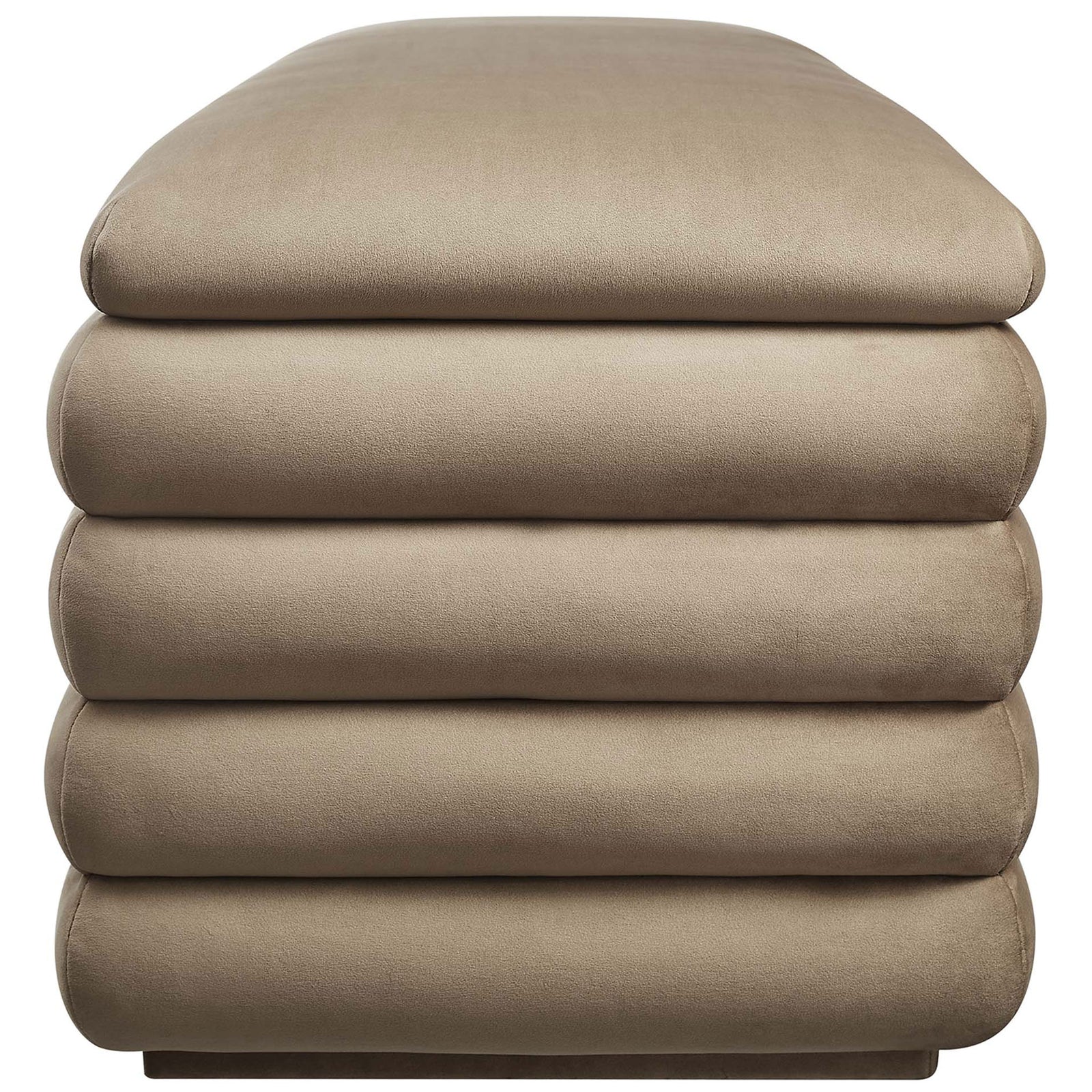Sleek taupe bench profile showcasing layered channel tufting and soft velvet texture. || EEI-6664-TAU || side_studio
