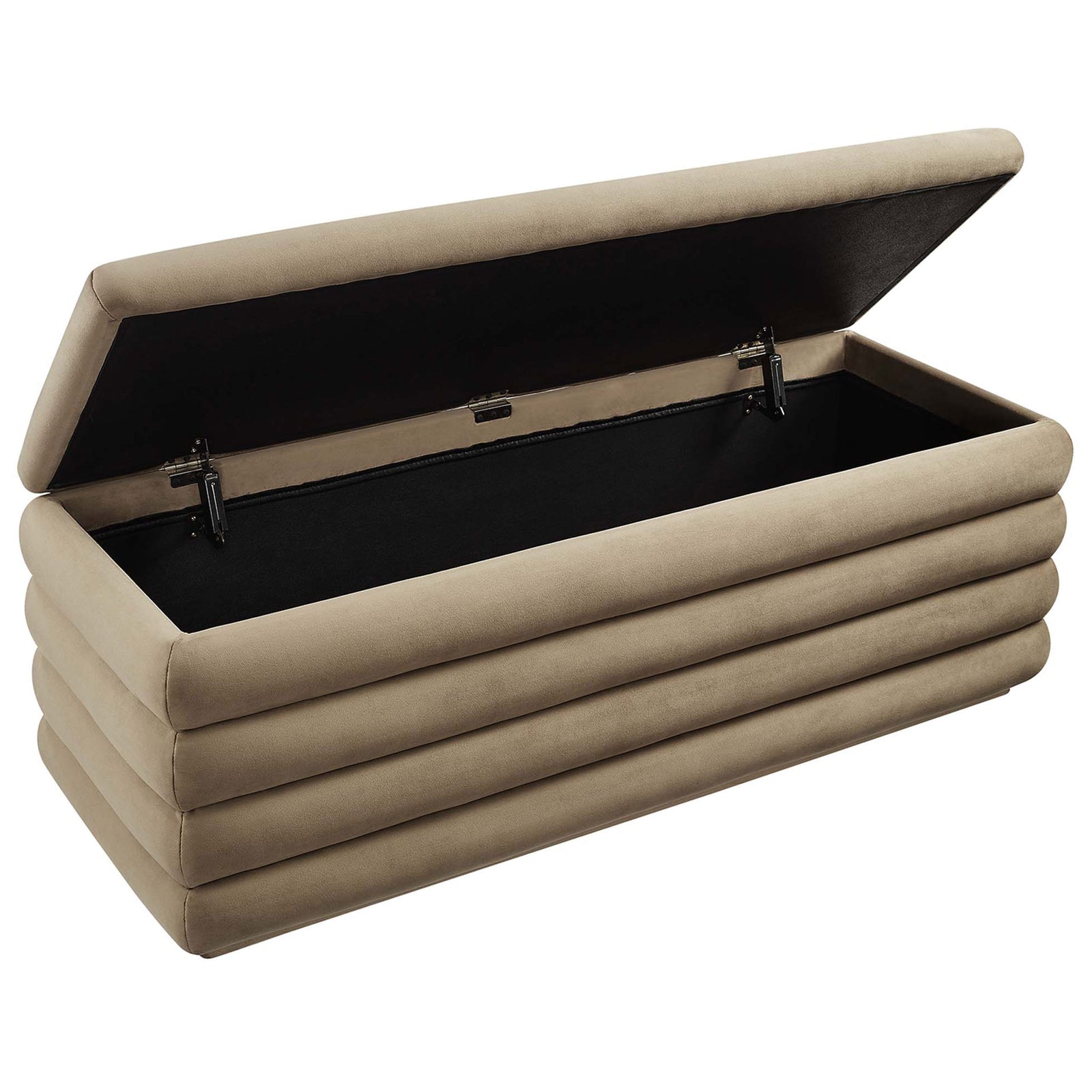 Lift-top bench reveals a spacious black-lined storage compartment with stay-open hinges. || EEI-6664-TAU || front_angle_open_studio