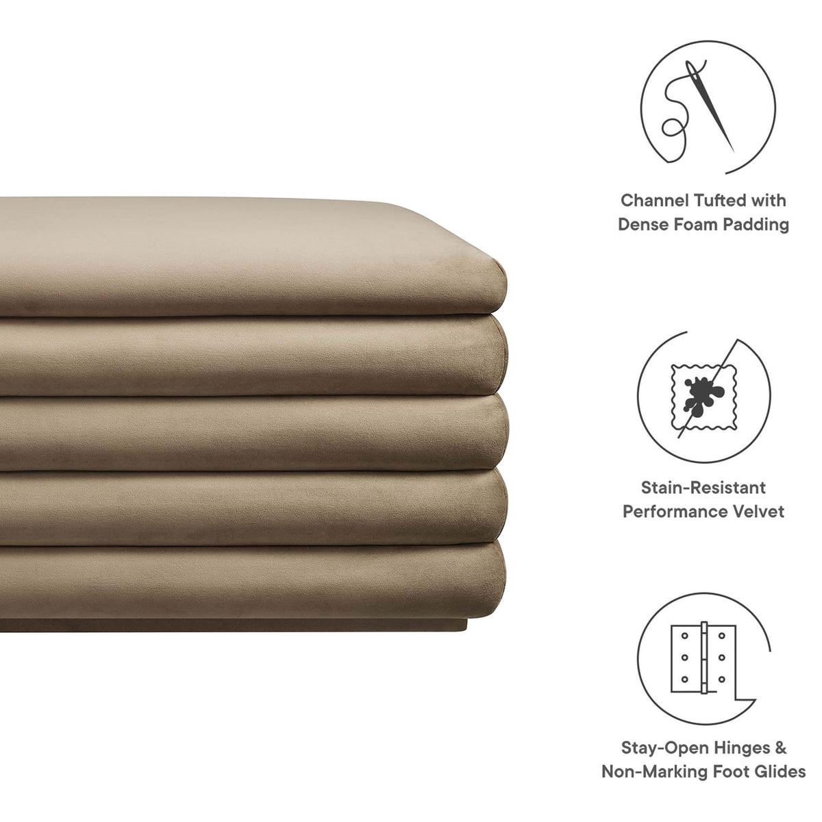 Channel-tufted performance velvet bench with dense foam, stay-open hinges, and non-marking glides. || EEI-6664-TAU || callout_studio