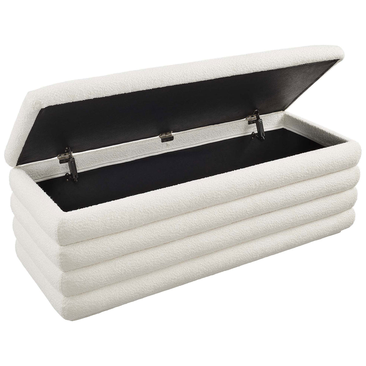 Lift-top storage bench reveals a spacious, lined compartment with stay-open hinges || EEI-6665-CLO || front_angle_open_studio