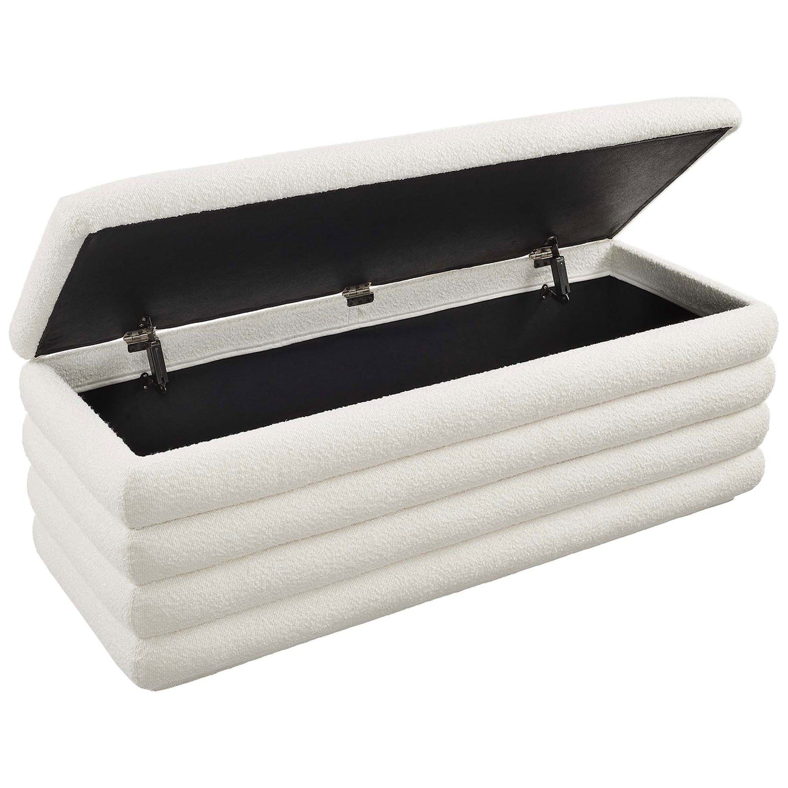 Lift-top storage bench reveals a spacious, lined compartment with stay-open hinges || EEI-6665-CLO || front_angle_open_studio