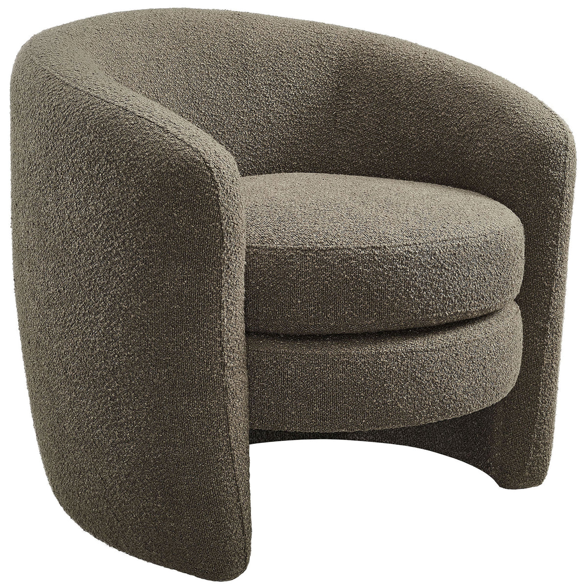 Curved barrel-back armchair in pebble boucle with plush round seat and modern wraparound arms || EEI-6666-PEB || front_angle_studio