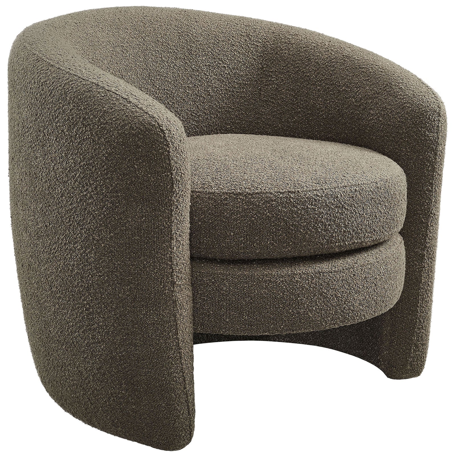 Curved barrel-back armchair in pebble boucle with plush round seat and modern wraparound arms || EEI-6666-PEB || front_angle_studio