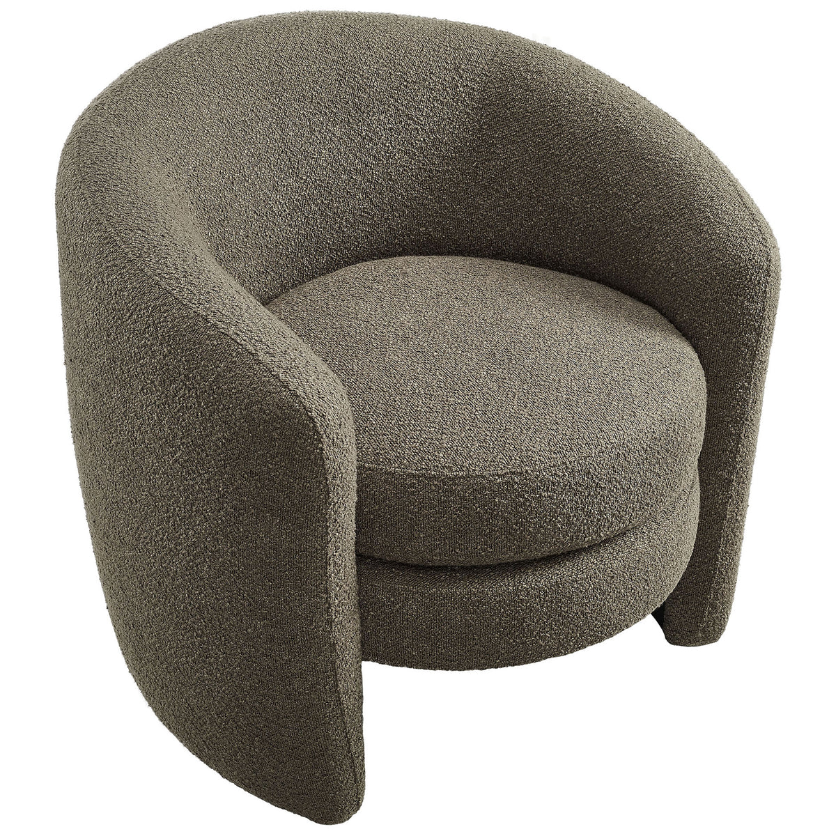 Circular seat nestled within a sculpted curved shell, richly textured in pebble boucle || EEI-6666-PEB || top_angle_studio