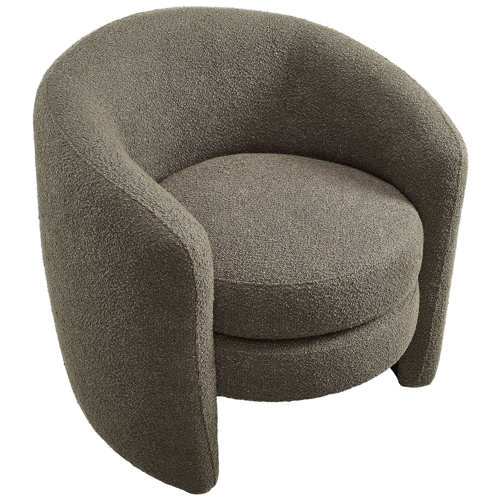 Circular seat nestled within a sculpted curved shell, richly textured in pebble boucle || EEI-6666-PEB || top_angle_studio