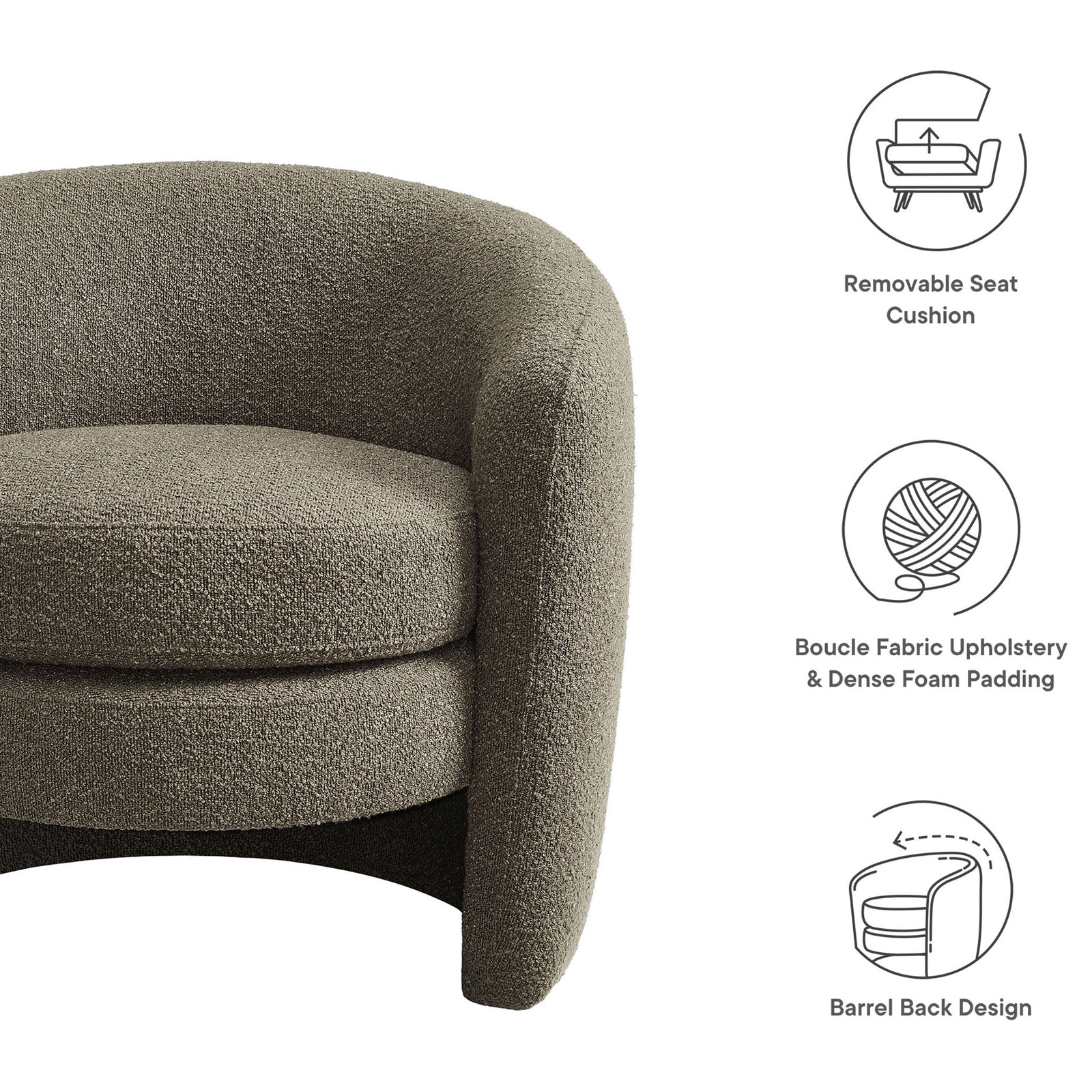 Barrel-back armchair with boucle upholstery, dense foam comfort, and a removable seat cushion || EEI-6666-PEB || callout_studio