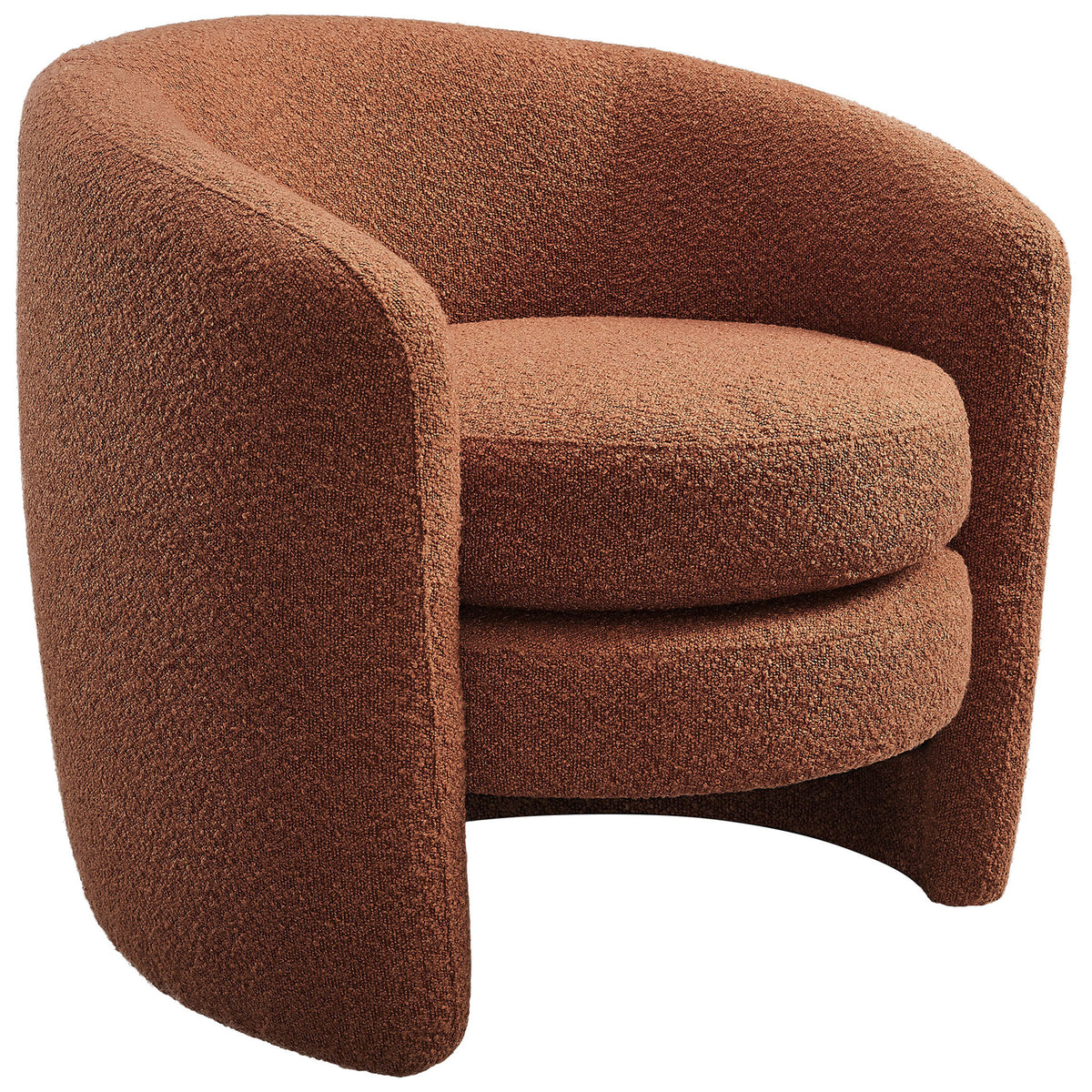 Curved rust boucle barrel armchair with plush foam seat and cozy wraparound back || EEI-6666-RUS || front_angle_studio