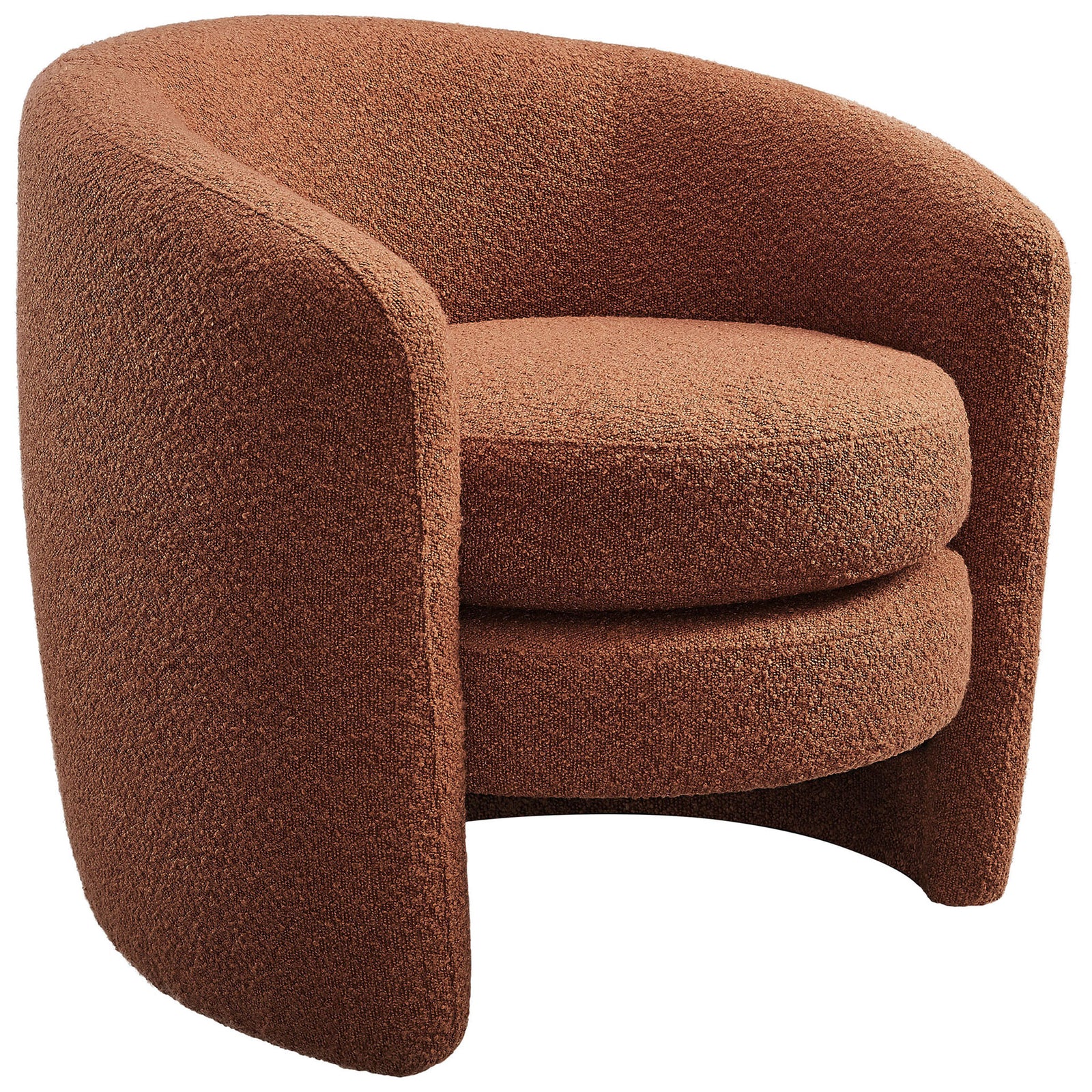 Curved rust boucle barrel armchair with plush foam seat and cozy wraparound back || EEI-6666-RUS || front_angle_studio