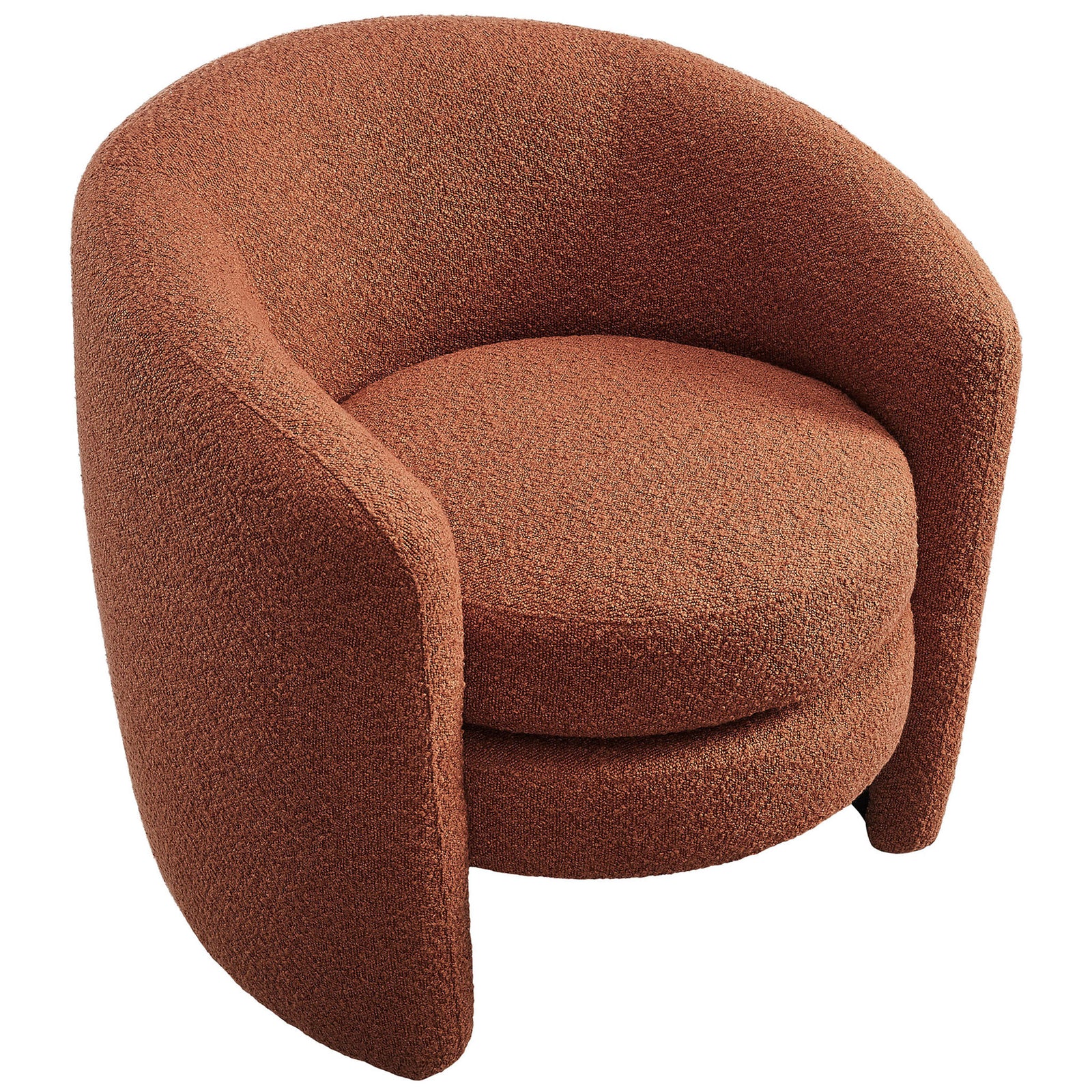 Embracing barrel silhouette with a deep circular seat and tactile boucle texture || EEI-6666-RUS || top_angle_studio