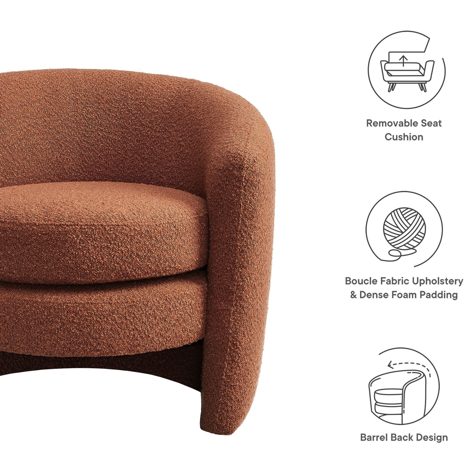 Key features include removable seat cushion, dense foam padding, and a supportive barrel back || EEI-6666-RUS || callout_studio