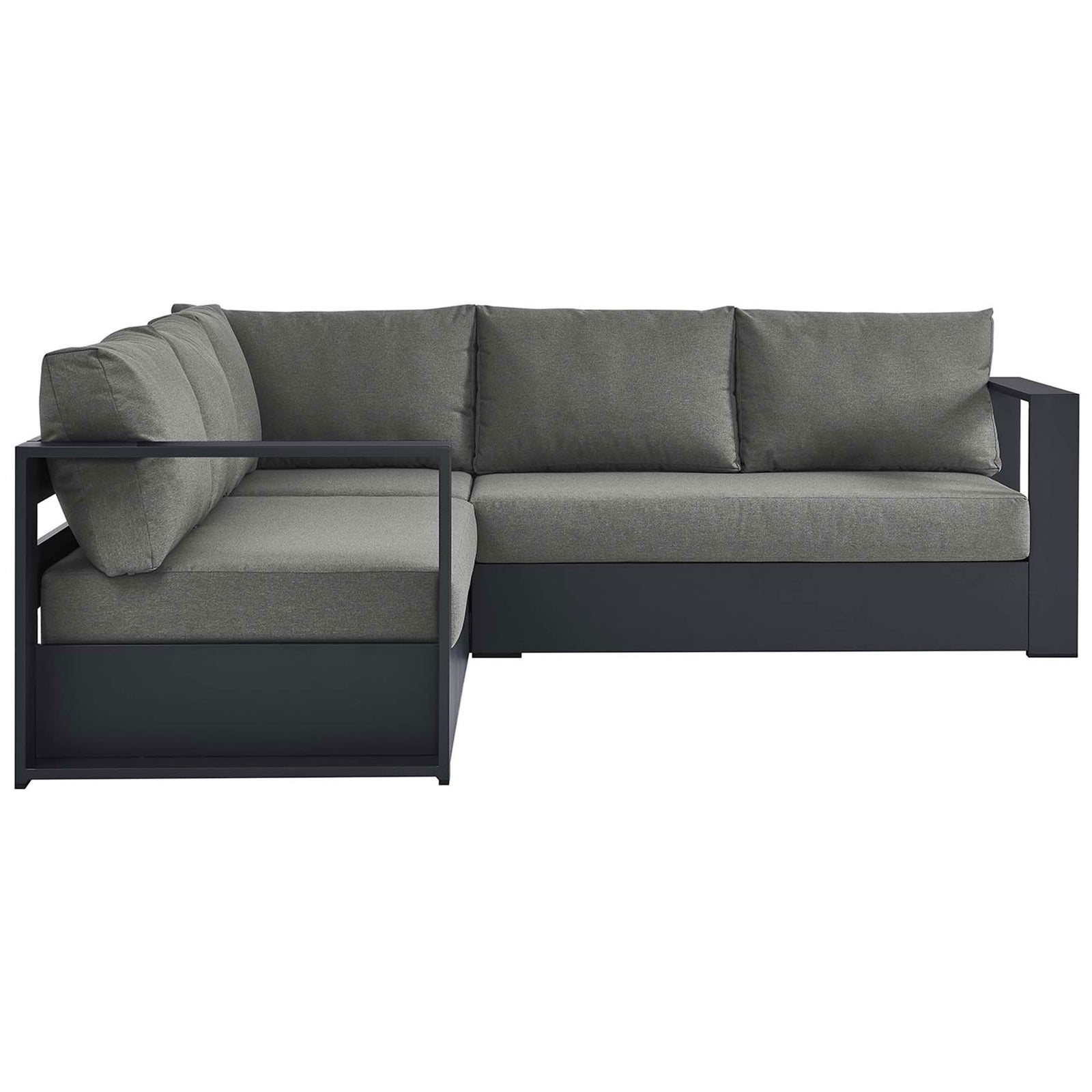 Charcoal gray sectional with plush cushions and sleek powder-coated aluminum frame for outdoor lounging || EEI-6668-GRY-CHA || front_angle_studio