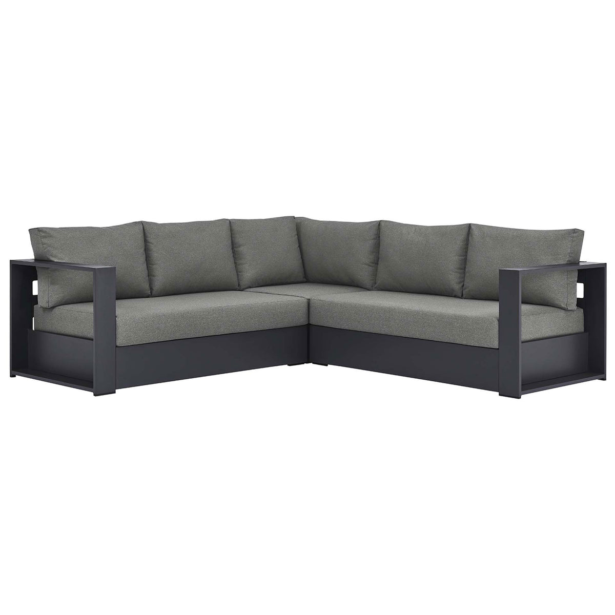 Charcoal gray L-shaped outdoor sectional offers generous seating with deep foam cushions and wide arms || EEI-6668-GRY-CHA || front_studio