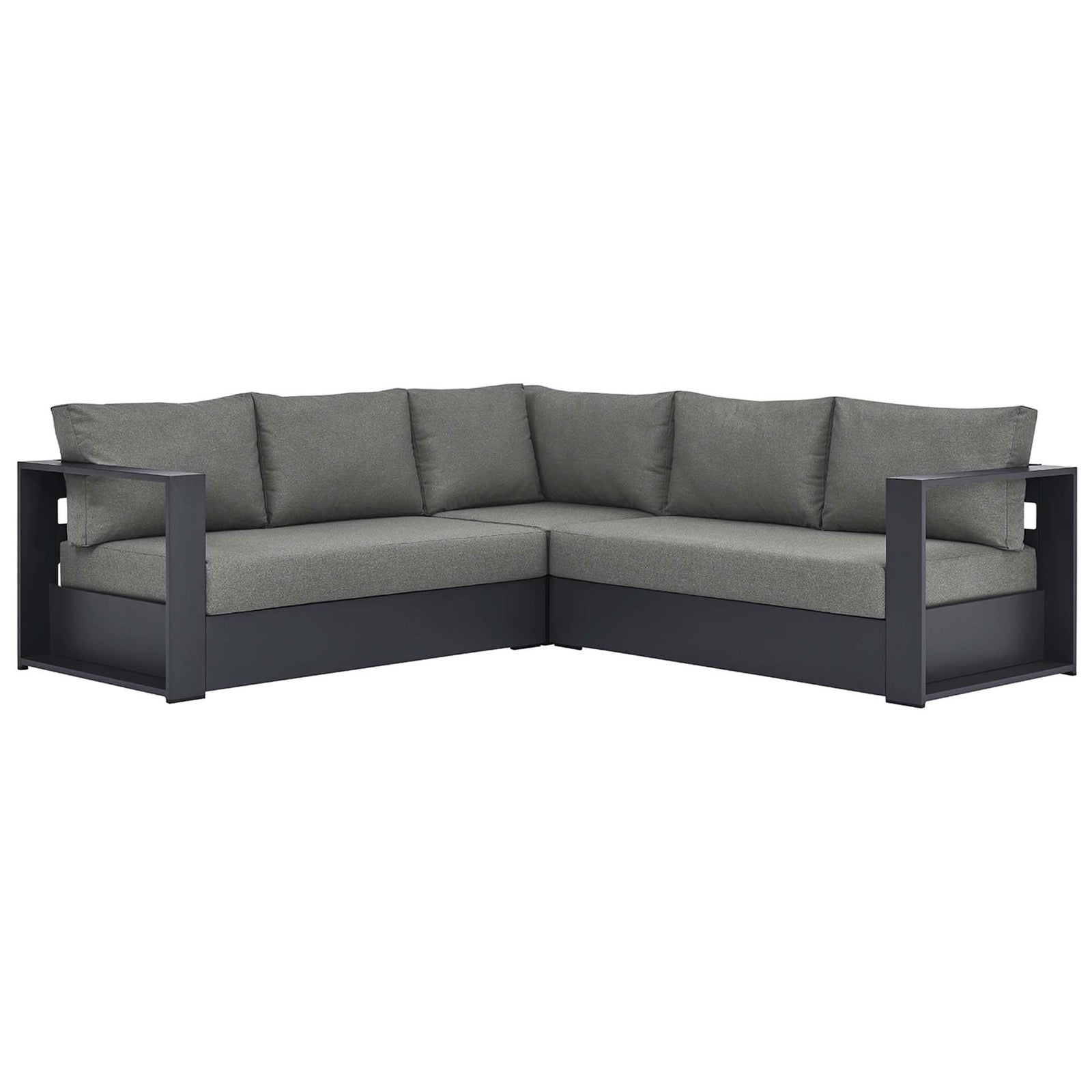Charcoal gray L-shaped outdoor sectional offers generous seating with deep foam cushions and wide arms || EEI-6668-GRY-CHA || front_studio