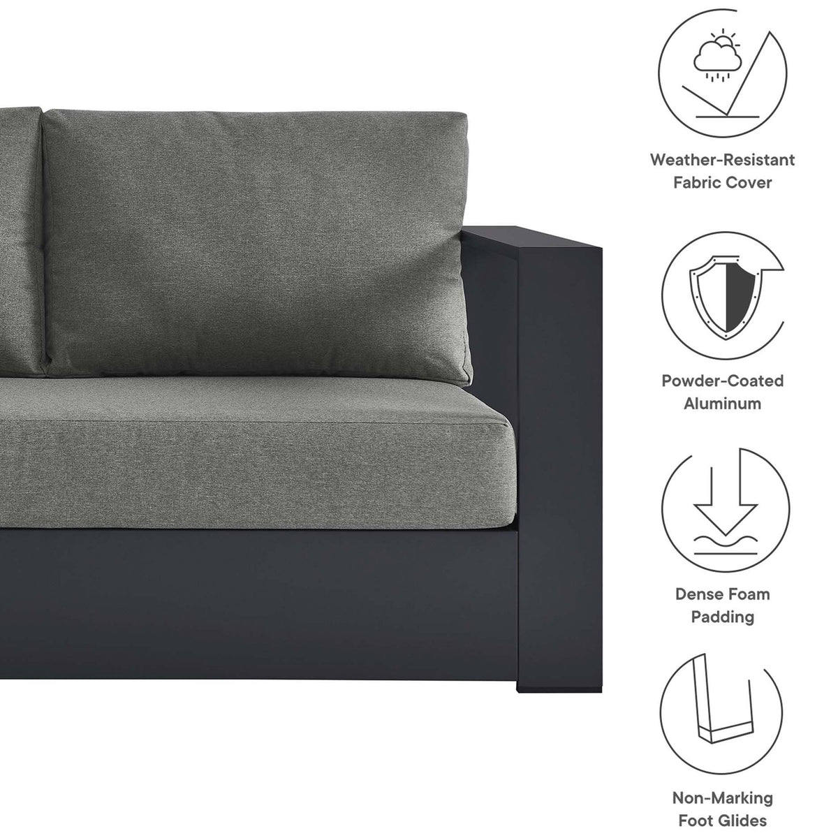 Charcoal cushion sofa corner highlighting weather-resistant fabric, dense foam padding, and sturdy aluminum base || EEI-6668-GRY-CHA || callout_studio
