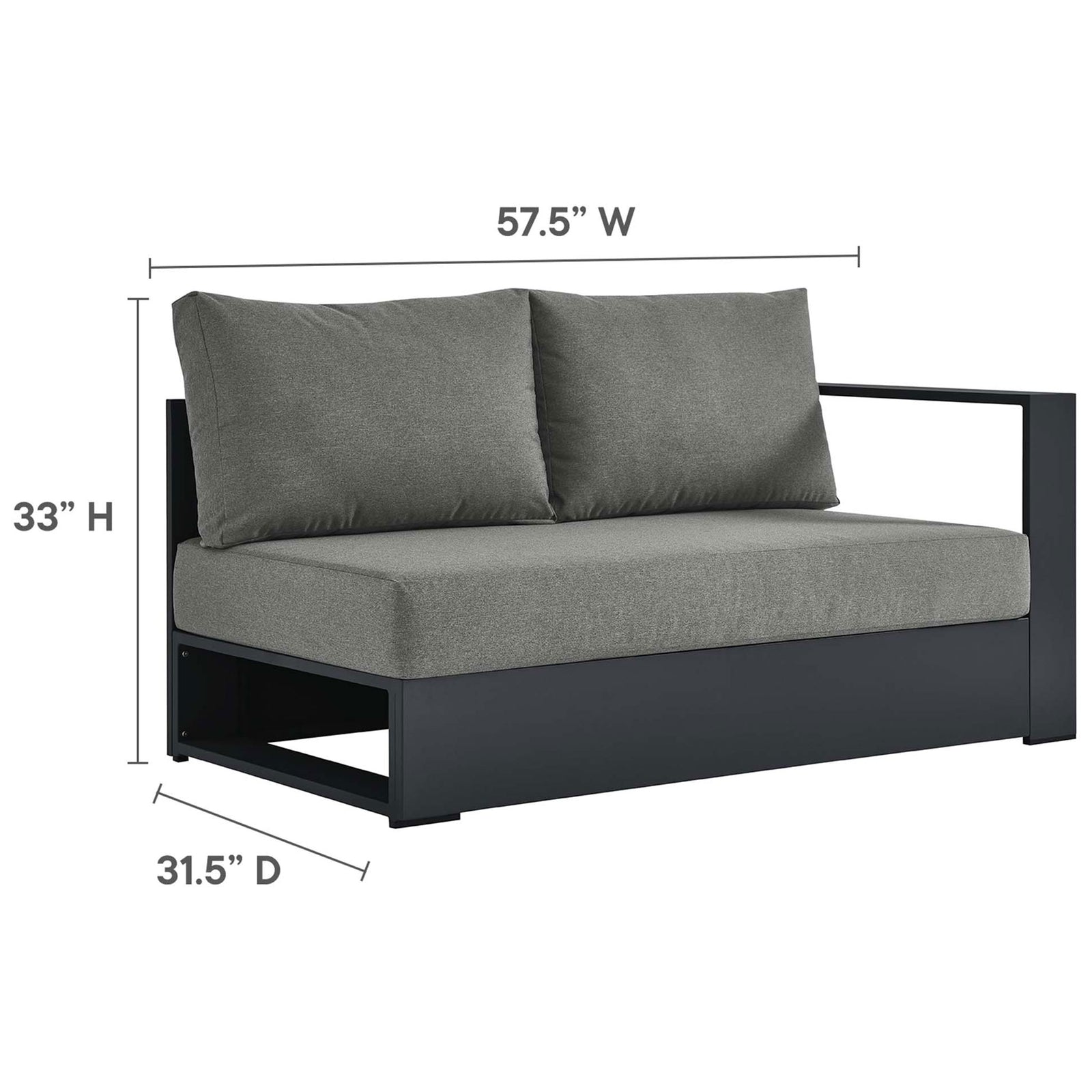 Right-facing loveseat section provides roomy seating with durable powder-coated charcoal aluminum frame || EEI-6668-GRY-CHA || dimension_studio