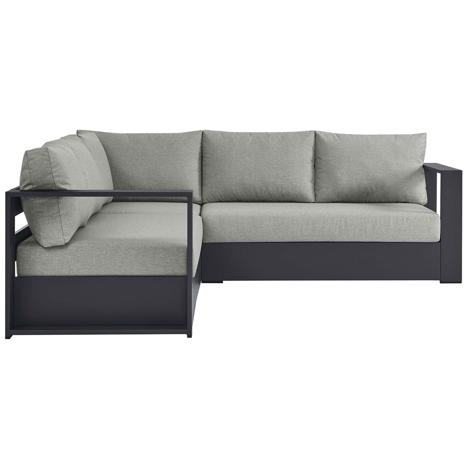 Light gray sectional with plush cushions and streamlined powder-coated aluminum frame for chic outdoor comfort || EEI-6668-GRY-GRY || front_angle_studio
