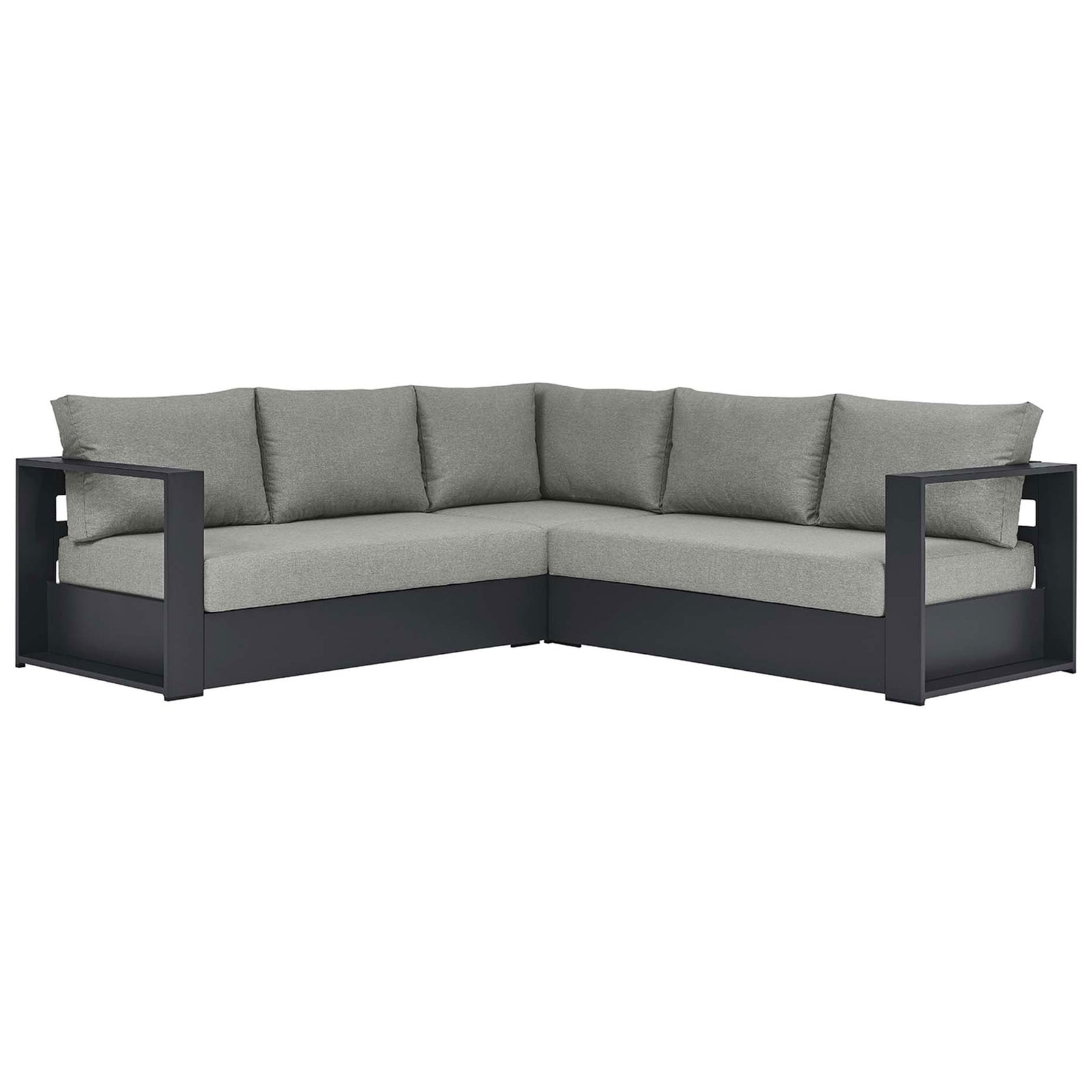 Soft gray L-shaped outdoor sectional delivers ample seating with supportive foam cushions and broad arms || EEI-6668-GRY-GRY || front_studio