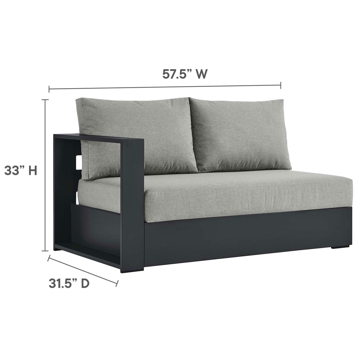 Left-facing loveseat module shows roomy seating area, cushioned back, and dark gray aluminum frame || EEI-6668-GRY-GRY || dimension_studio