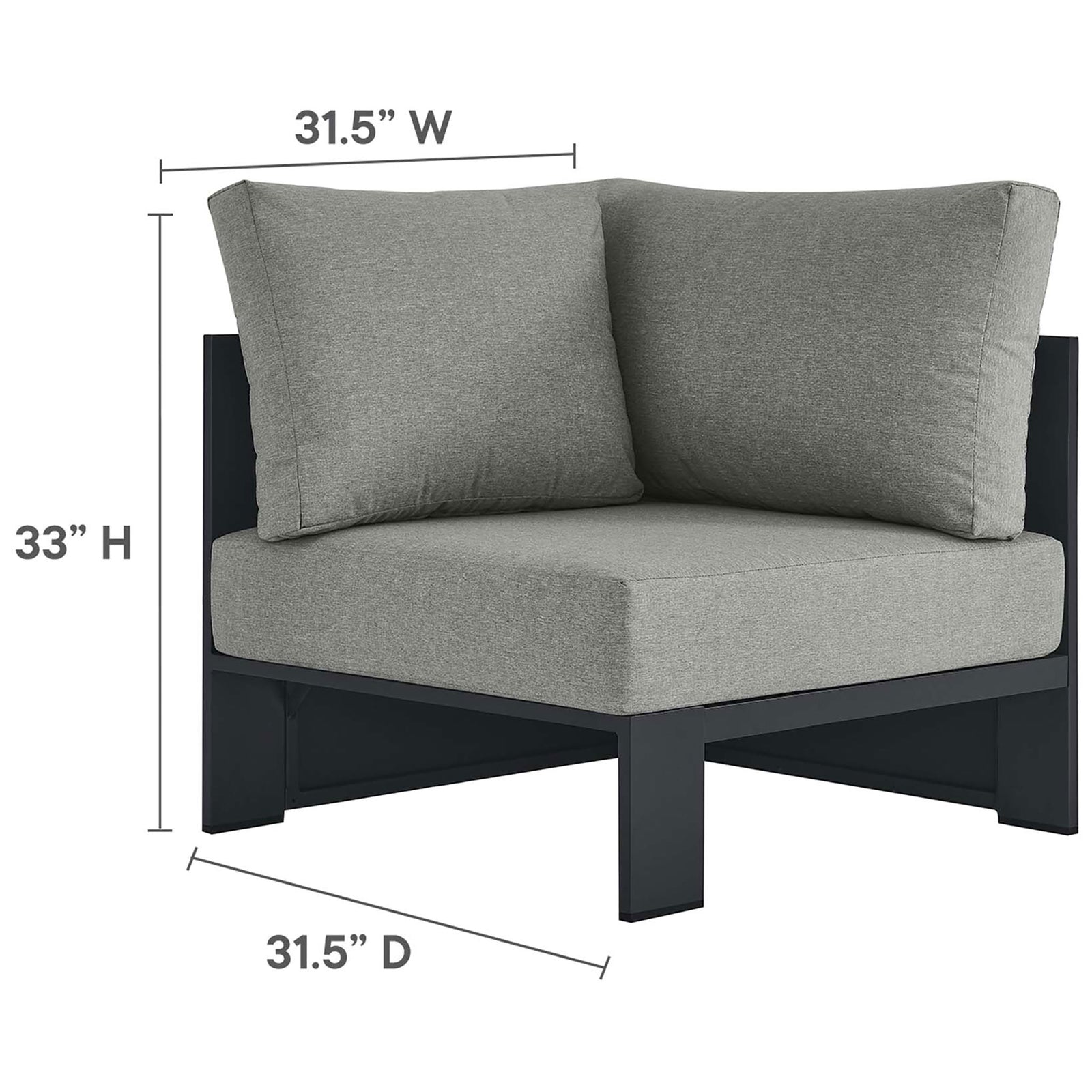 Gray corner chair section features thick cushions and crisp modern lines for flexible patio layouts || EEI-6668-GRY-GRY || dimension_studio