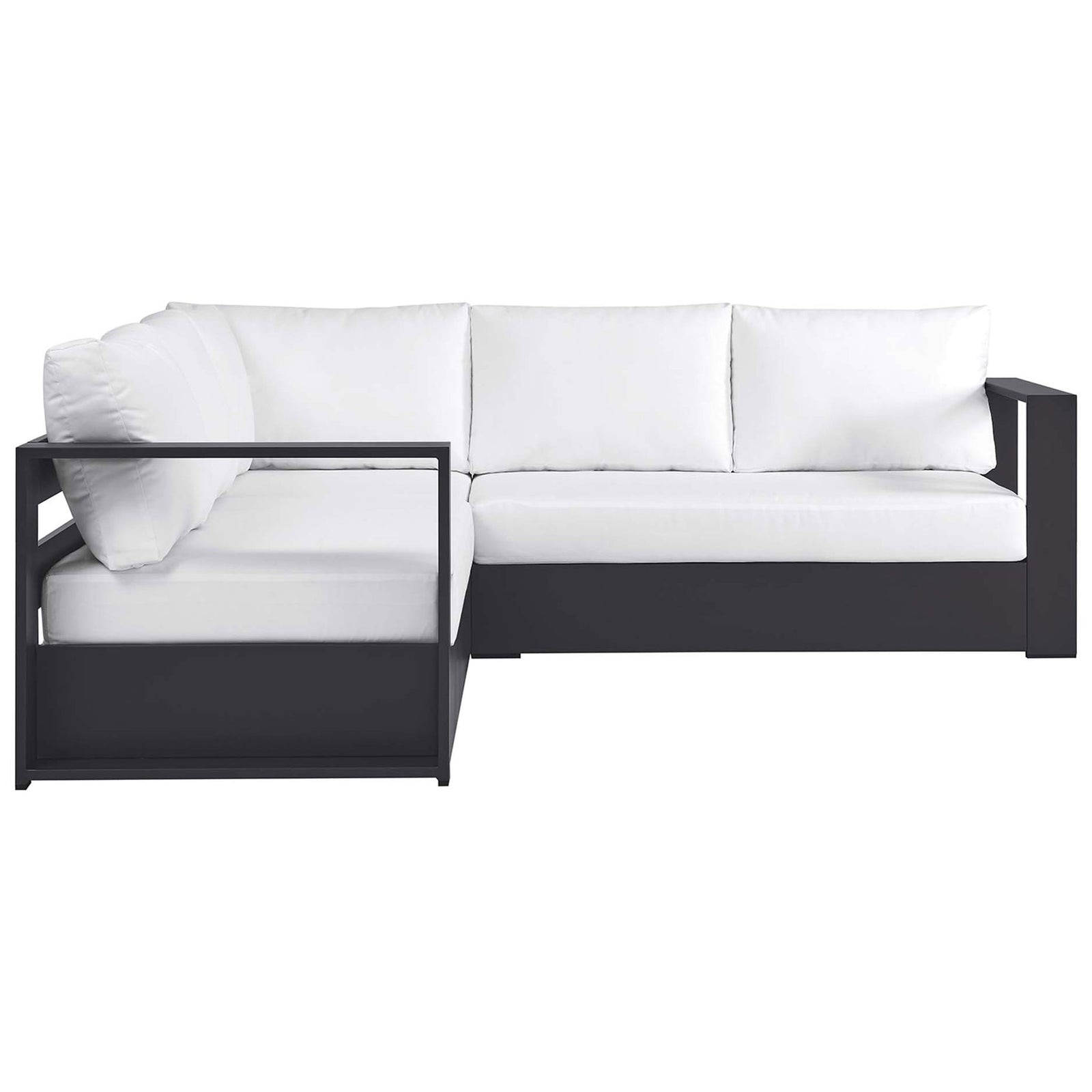 White cushion sectional with plush seating and sleek powder-coated aluminum frame for modern outdoor lounging || EEI-6668-GRY-WHI || front_angle_studio