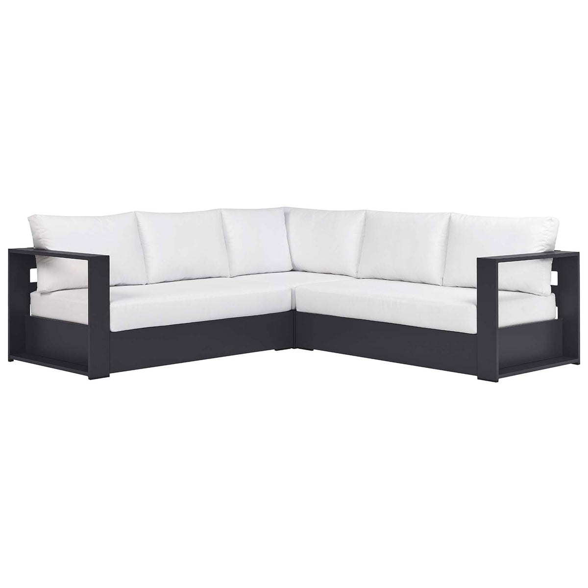 Crisp white L-shaped outdoor sectional offers generous seating with deep cushions and bold aluminum frame || EEI-6668-GRY-WHI || front_studio