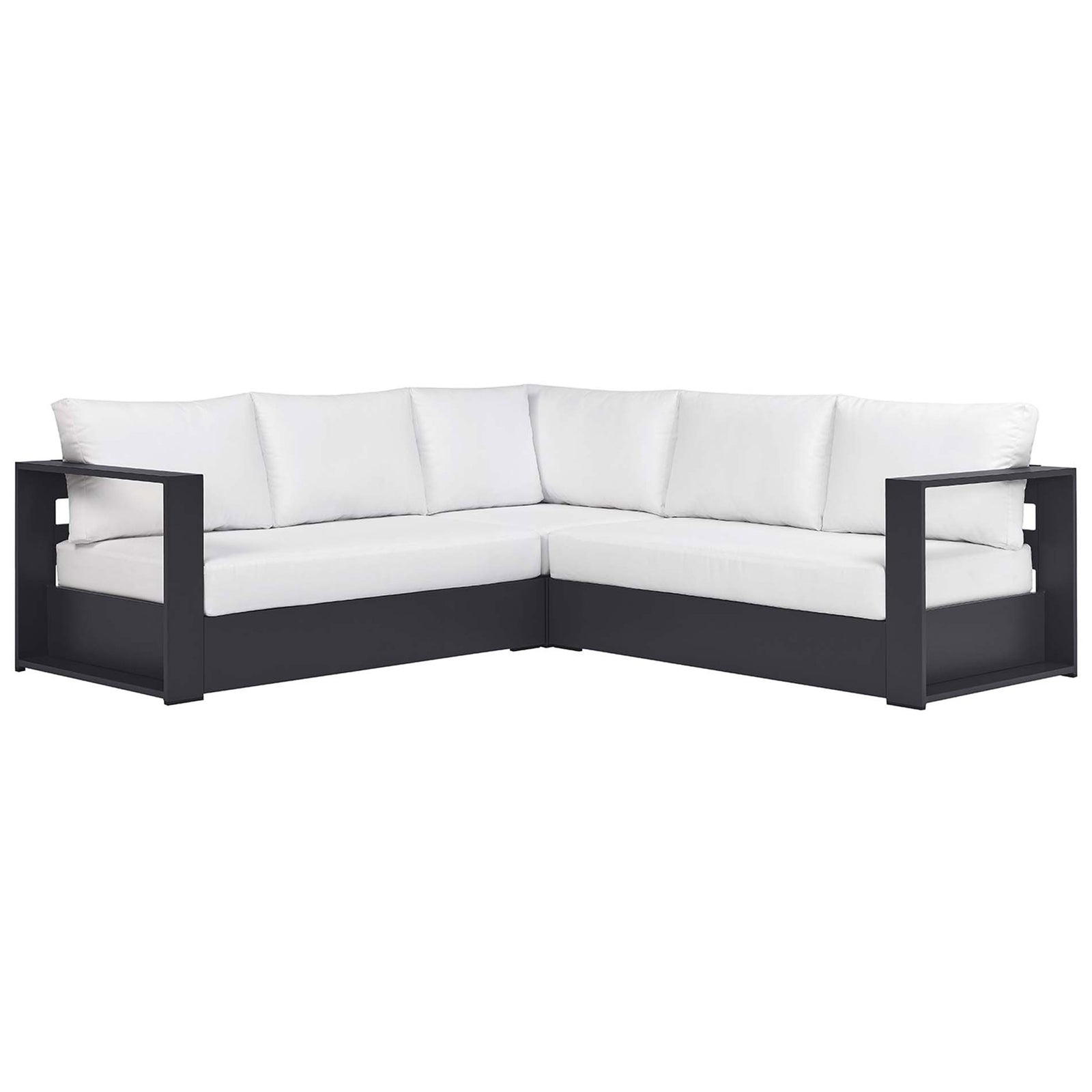 Crisp white L-shaped outdoor sectional offers generous seating with deep cushions and bold aluminum frame || EEI-6668-GRY-WHI || front_studio