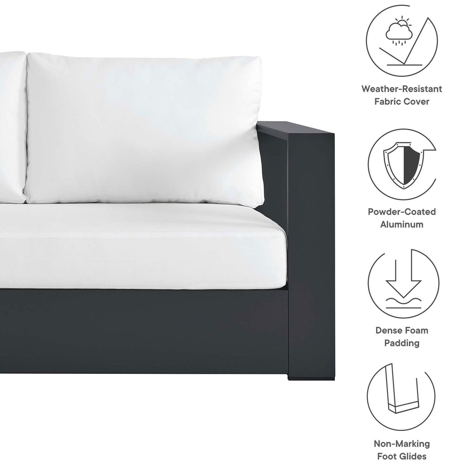 White cushion sofa corner highlighting weather-resistant fabric, dense foam, and non-marking aluminum base || EEI-6668-GRY-WHI || callout_studio
