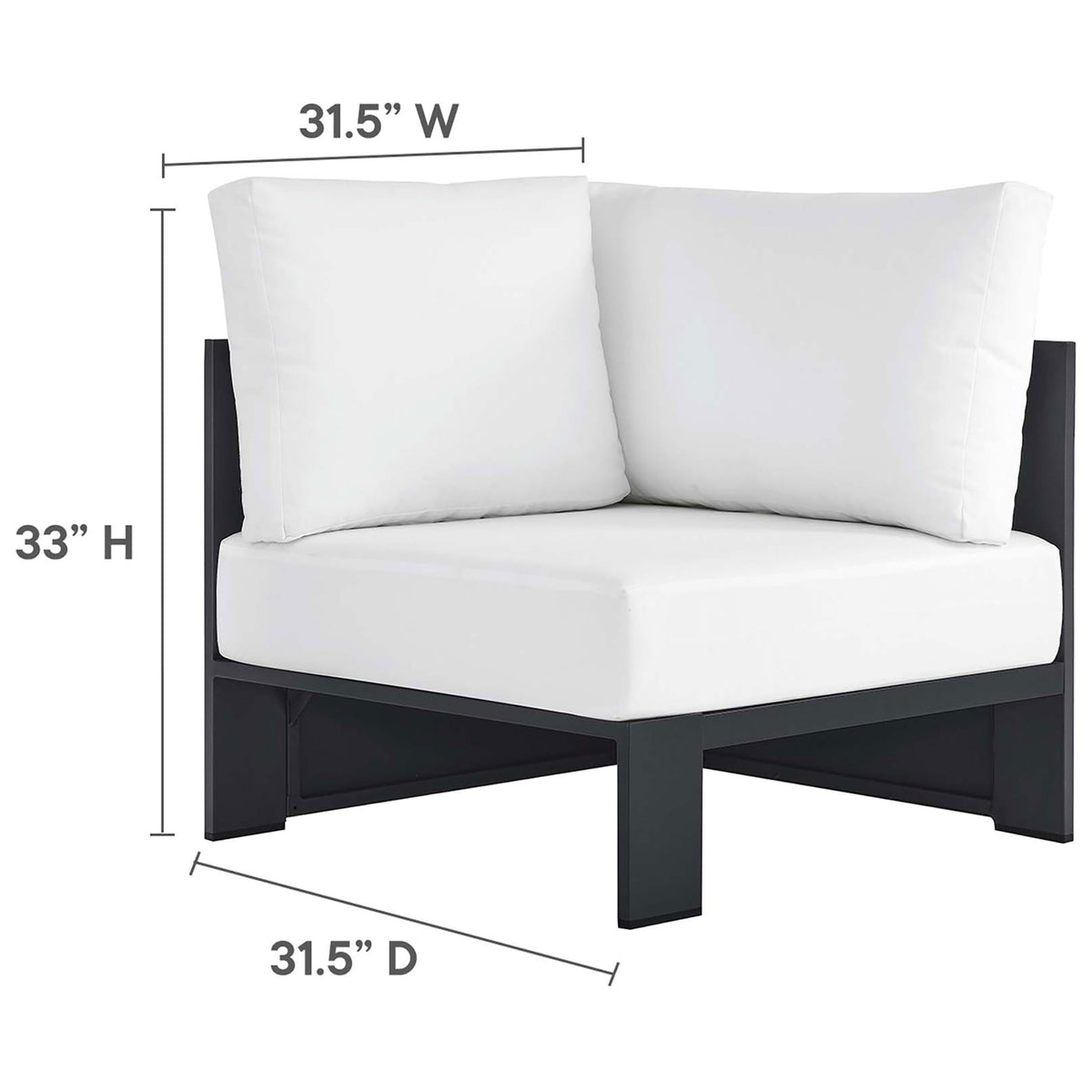 White corner chair module features thick cushions and clean modern lines for modular patio seating || EEI-6668-GRY-WHI || dimension_studio