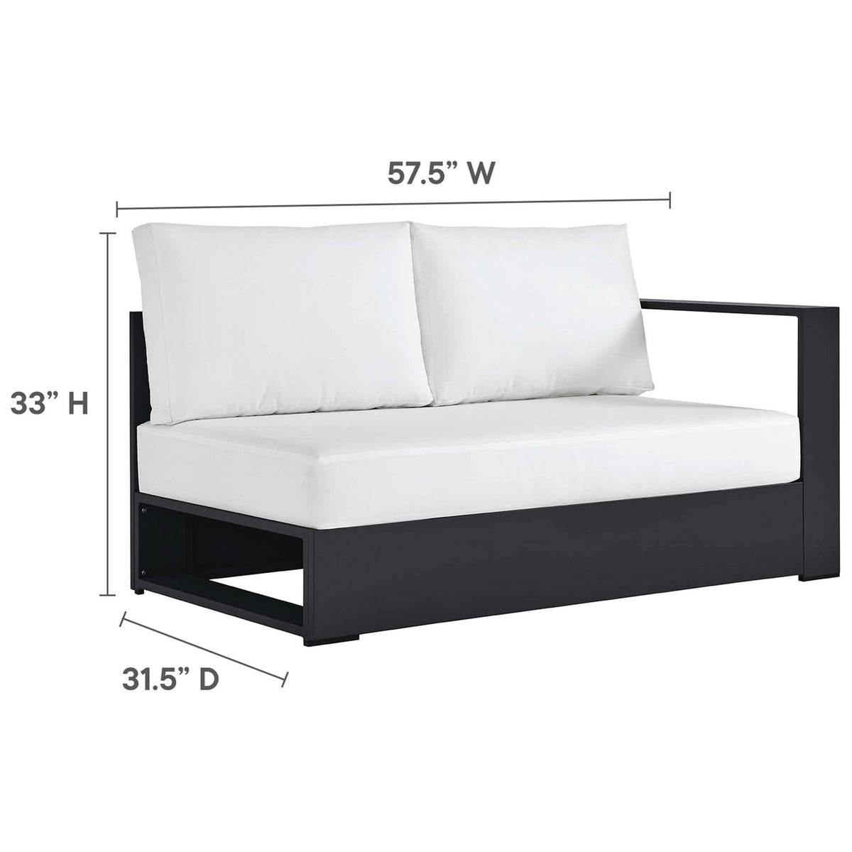 Right-facing loveseat section provides roomy seating with durable powder-coated aluminum and white cushions || EEI-6668-GRY-WHI || dimension_studio
