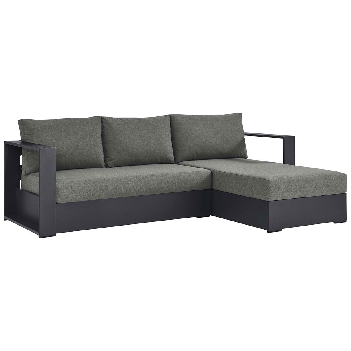 Streamlined right-chaise outdoor sectional with wide track arms and smooth charcoal upholstery || EEI-6669-GRY-CHA || front_angle_studio